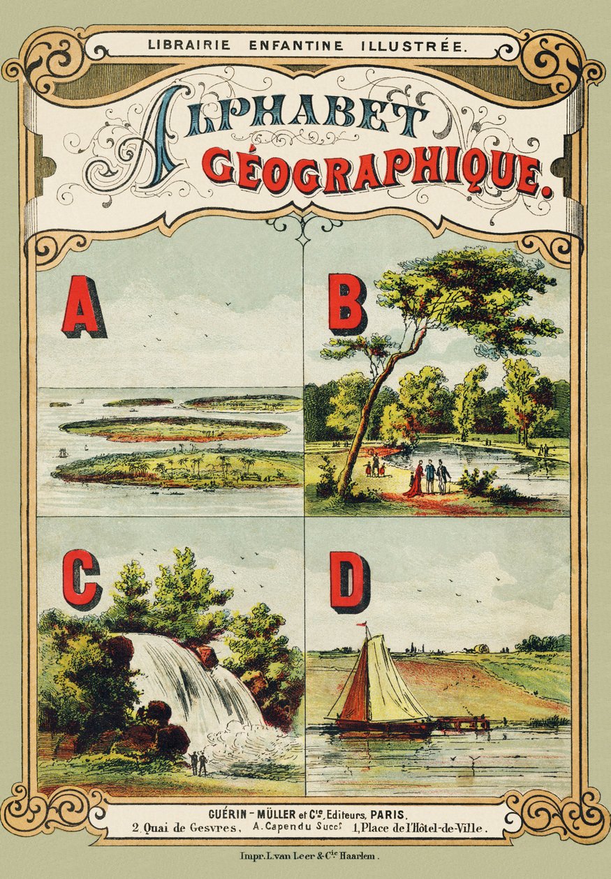 Okładka: A: archipelag, B: Bois de Boulogne, C: wodospad, D: grobla - Grawer wydobyty z alfabetu geograficznego. Guerin-Muller et Cie, wydawnictwo, Paryż autorstwa Unbekannt