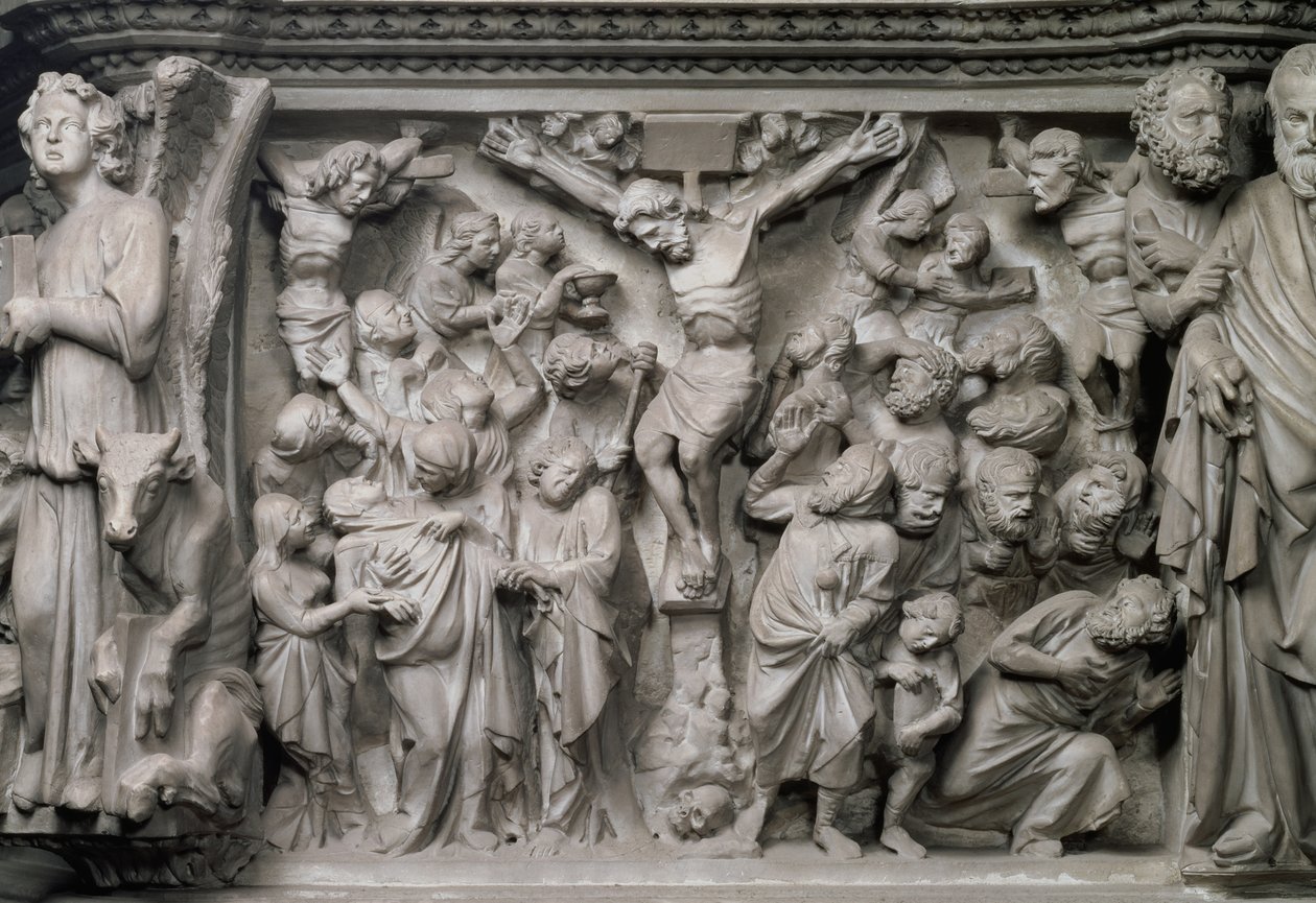 Scena Ukrzyżowania: detal płaskorzeźby ze szczytu sześciokątnej ambony zaprojektowanej przez Giovanniego Pisano (1245-1329), ok. 1297 (marmur) (detal z 77020) autorstwa Unbekannter Künstler