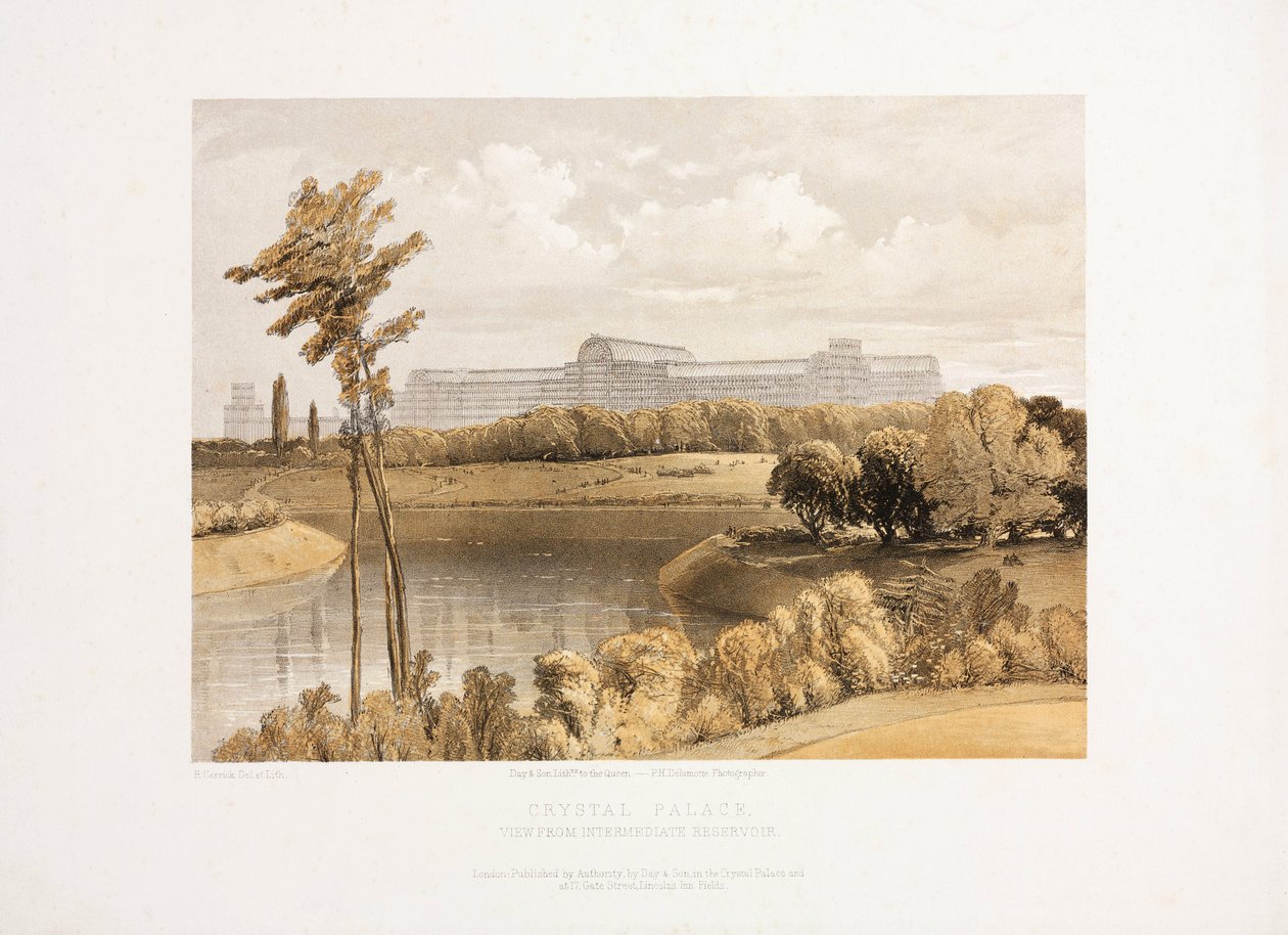 Pałac Kryształowy, powielka wystawa Pałac Kryształowy z Zbiornika Pośredniego, ok. 1855 r. autorstwa Unbekannt