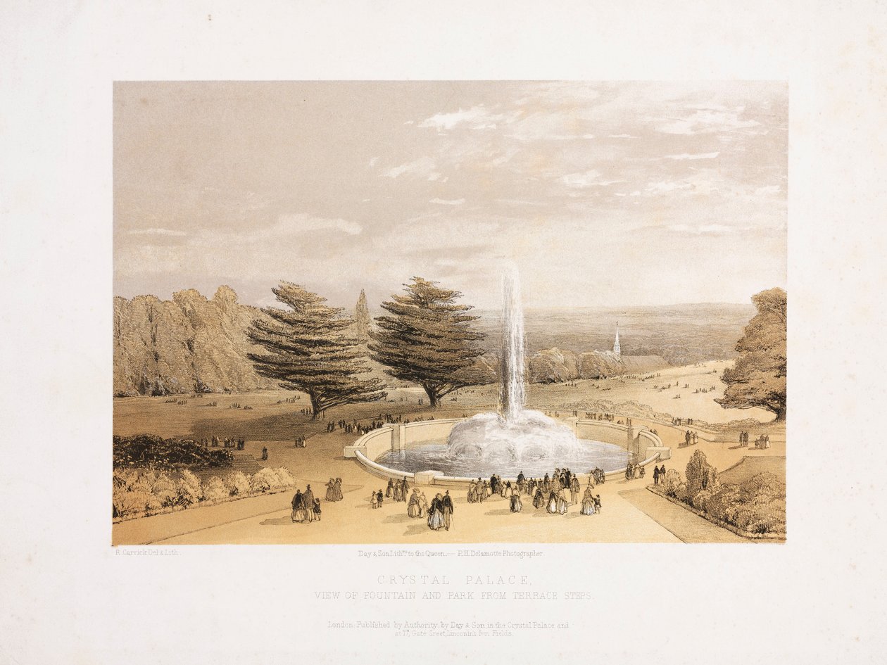 Kryształowy Pałac, powielka wystawa Fontanna i park ze schodów tarasowych Pałacu Kryształowego, ok. 1855 r. autorstwa Unbekannt