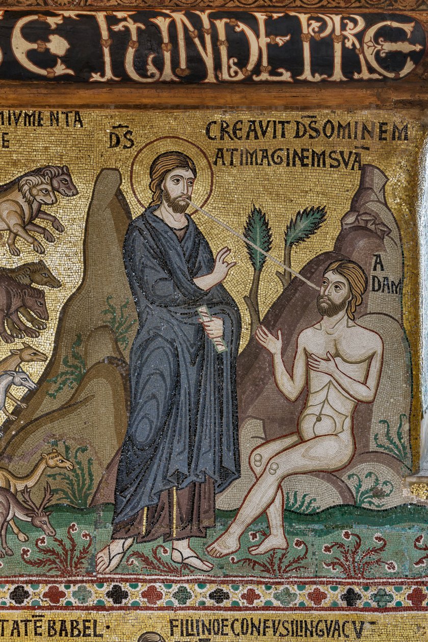 Cykl mozaik na Starym Testamencie, cykl Stworzenia: "Stworzenie Adama", XII wiek, Kaplica Palatyńska, Pałac Królewski lub Palazzo dei Normanni (Pałac Normanów), Palermo, Sycylia, Włochy (zdjęcie) autorstwa Unbekannter Künstler