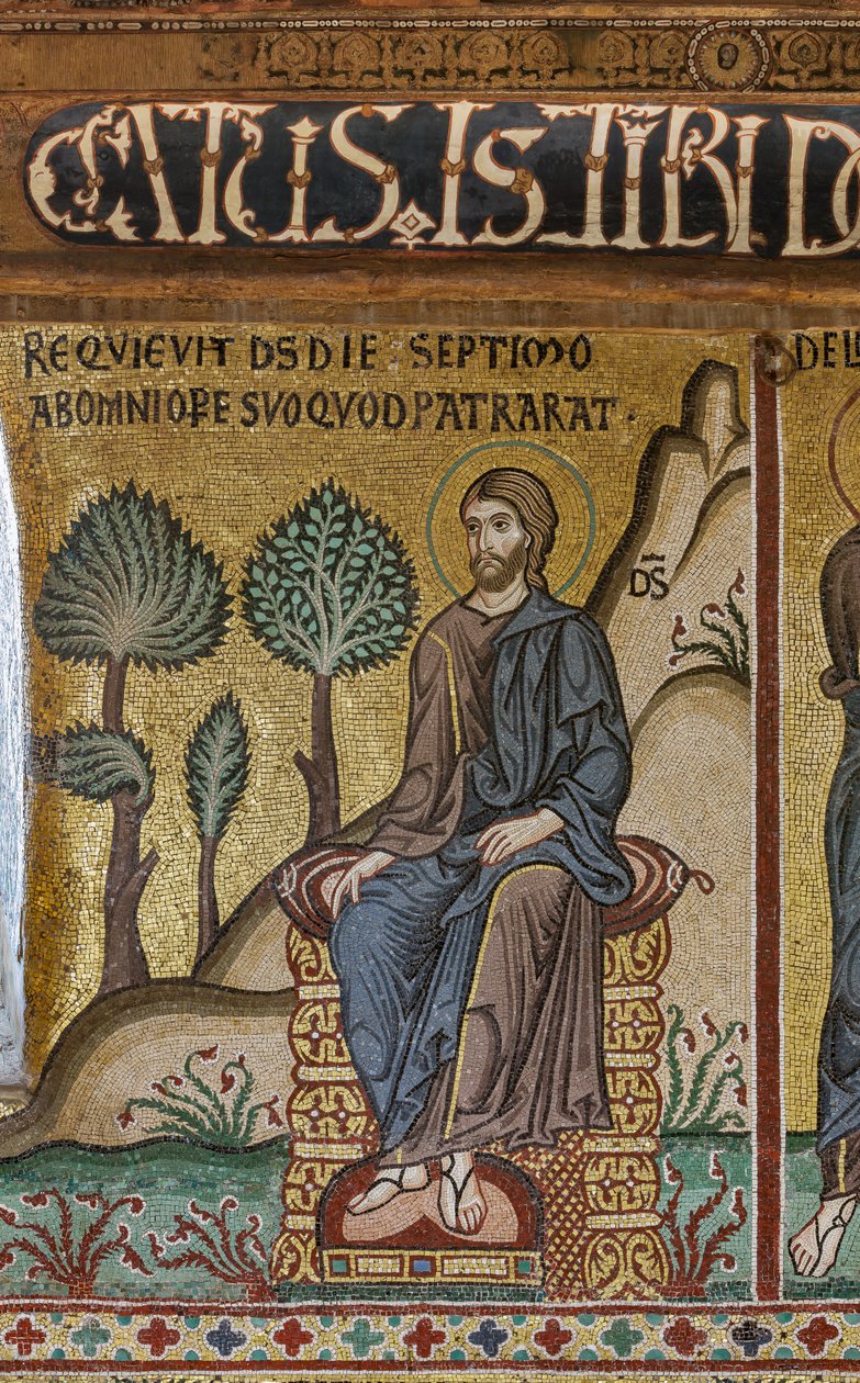 Cykl mozaik na Starym Testamencie, cykl Stworzenia: „Odpoczynek Stwórcy siódmego dnia”, XII wiek, Kaplica Palatyńska, Pałac Królewski lub Palazzo dei Normanni (Pałac Normanów), Palermo, Sycylia, Włochy ( zdjęcie) autorstwa Unbekannter Künstler