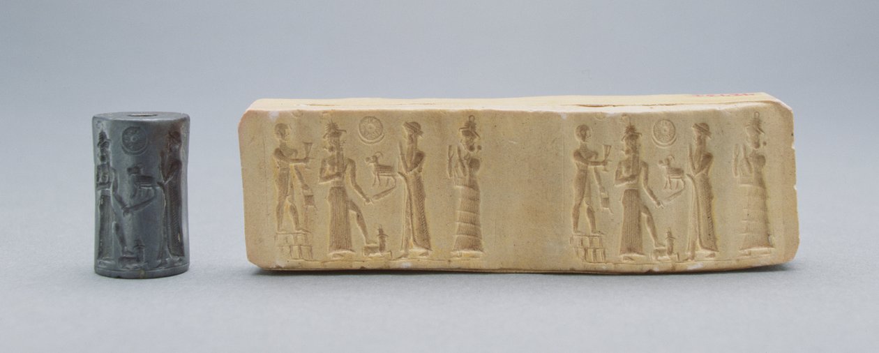 Pieczęć cylindra, pokazana z odciskiem gipsowym, starobabilońska, ok. XIX-XVIII w. p.n.e. (hematyt) autorstwa Unbekannt