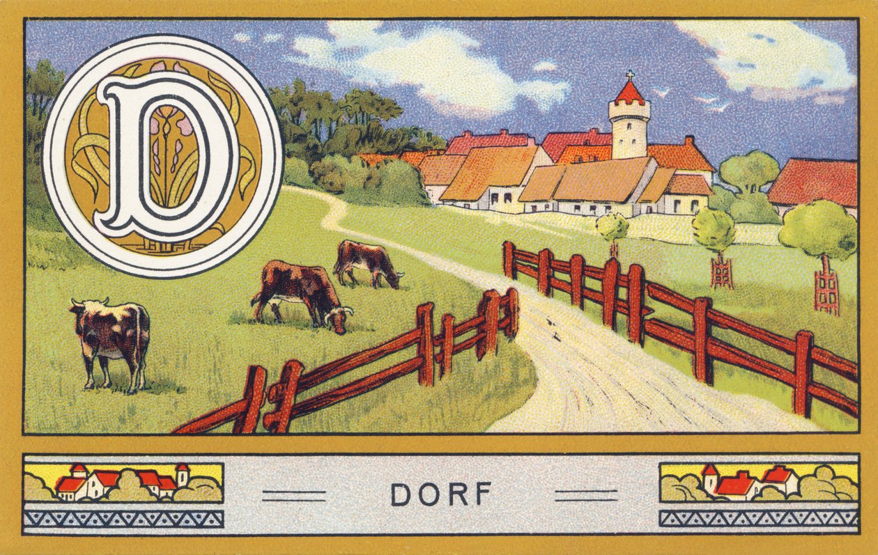D: Wioska - Alfabet Palmin. Seria chromolitografii pod redakcją H. Schlincka i Cie, Hamburg, s. d. . Reklama najlepszego oleju kokosowego Palmin. Wymiary: 7 x 11 cm autorstwa William M. Timlin