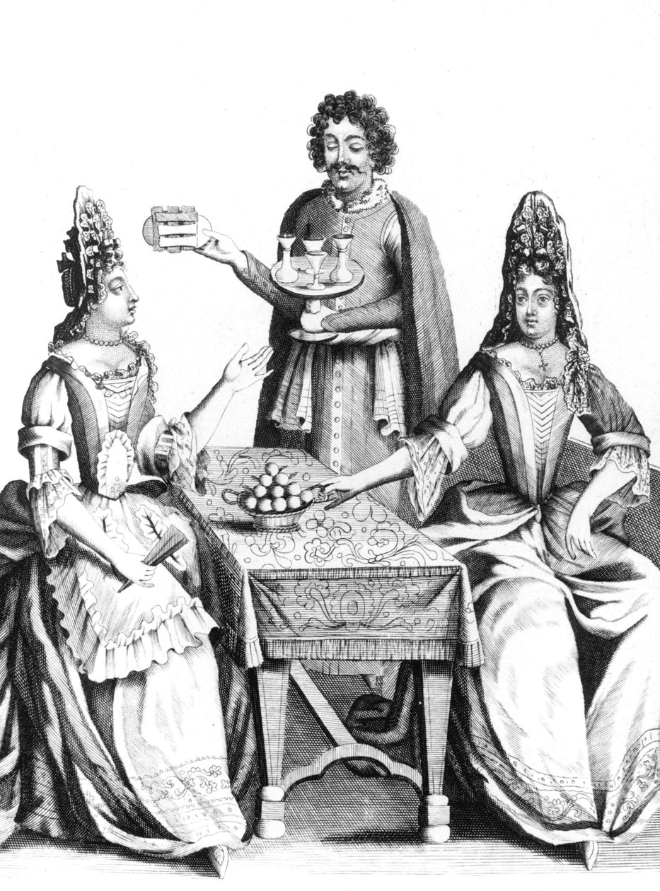 Dames prenant des rafraichissements au 17e siecle (apres 1670) - kobiety spożywające przekąski w XVII wieku - moda nakrycie głowy fryzura wachlarz kawiarnia bar Francja autorstwa Unbekannter Künstler