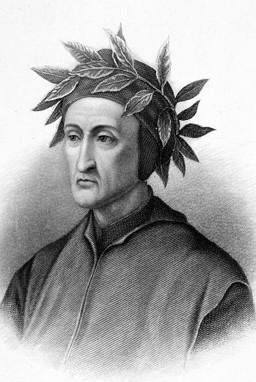 Dante Alighieri (1265-1321), włoski pisarz (Boska komedia), tutaj ukoronowany laurem, rycina autorstwa Unbekannter Künstler