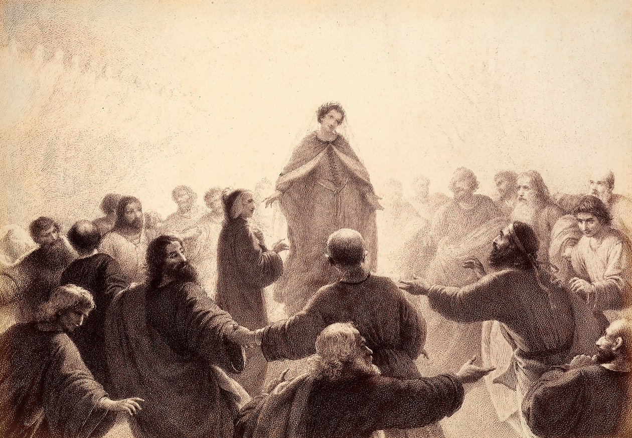 Dante i Beatrycze są otoczeni przez duchy Mędrców śpiewających i tańczących wokół nich. Ilustracja do Canto XIV Paradiso z Boskiej komedii Dantego Alighieri. Dzieło Franceso Scaramuzzy dedykowane władzom miejskim Florencji. autorstwa Unbekannter Künstler