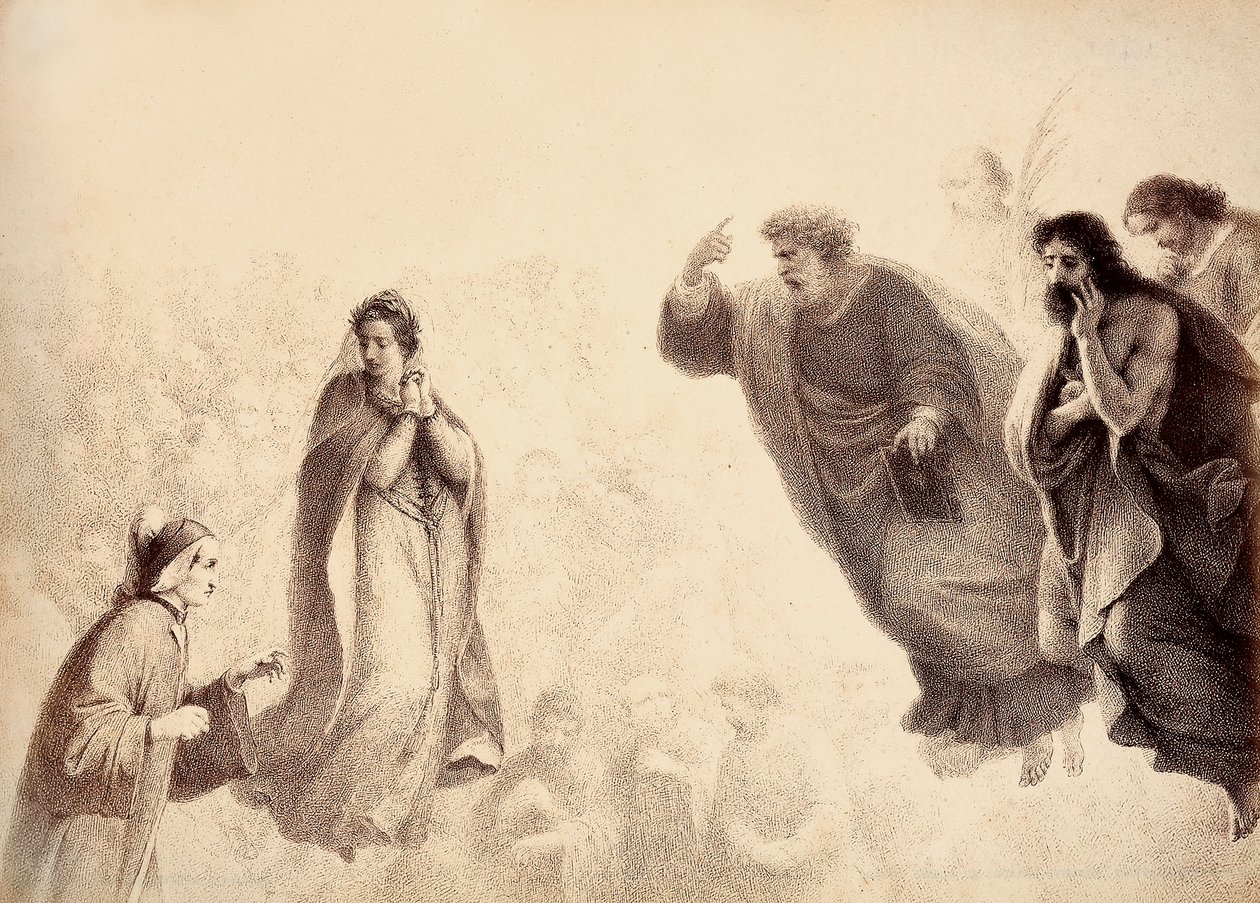Dante i Beatrice przed jasnymi duchami apostołów Piotra, Jakuba i Jana. Piotr ma uniesioną rękę na znak gniewu. Ilustracja do Canto XXVII w Paradiso z Boskiej komedii Dantego Alighieri. Dzieło Francesco Scaramuzzy dedykowane autorstwa Unbekannter Künstler