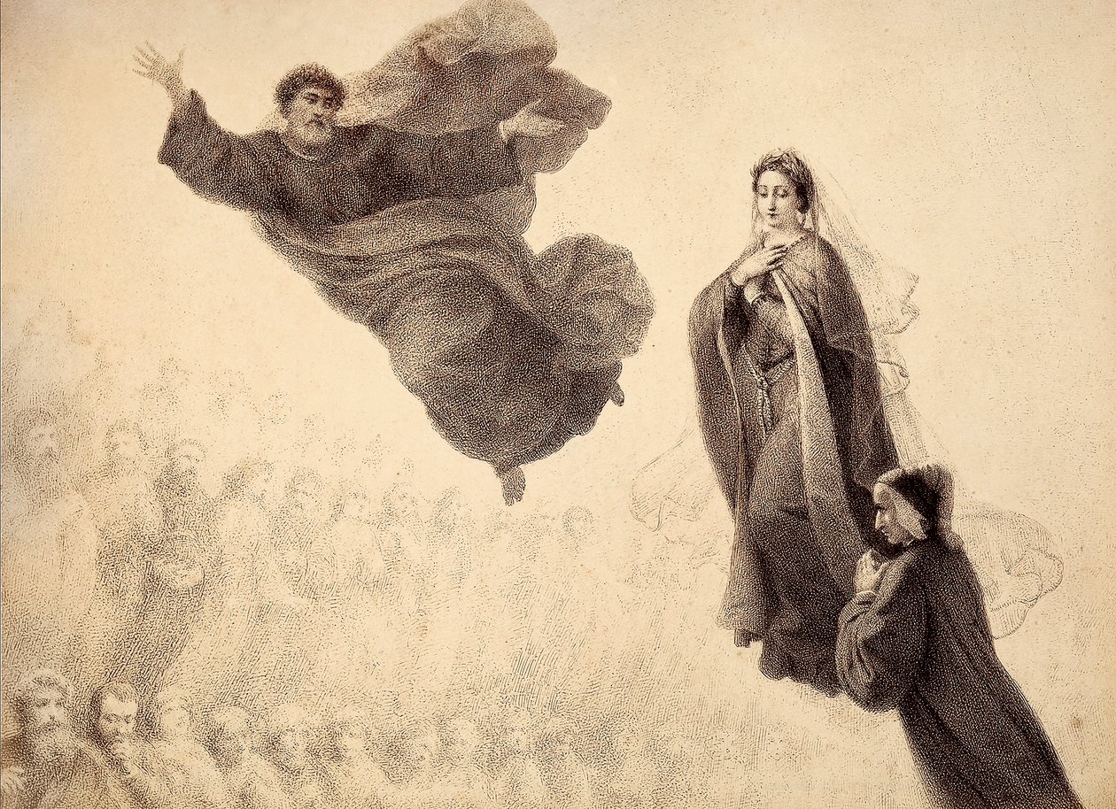 Dante i Beatrycze spotykają świętego Piotra. Ilustracja do Canto XXIV w Paradiso z Boskiej komedii Dantego Alighieri. Dzieło Francesco Scaramuzzy dedykowane władzom miejskim Florencji. autorstwa Unbekannter Künstler