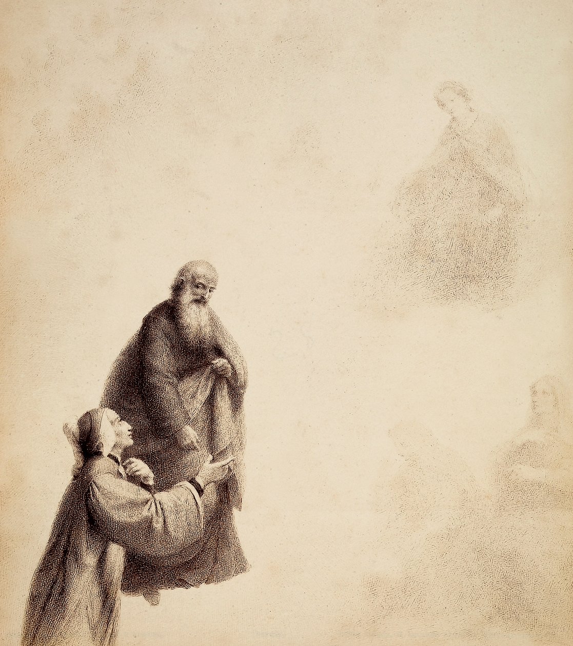 Dante, w asyście św. Bernarda, widzi Beatrycze siedzącą na tronie pośród błogosławionych, w aureoli światła. Ilustracja do Canto XXXI w Paradiso z Boskiej komedii Dantego Alighieri. Dzieło Francesco Scaramuzzy dedykowane władzom miejskim Florencji. autorstwa Unbekannter Künstler