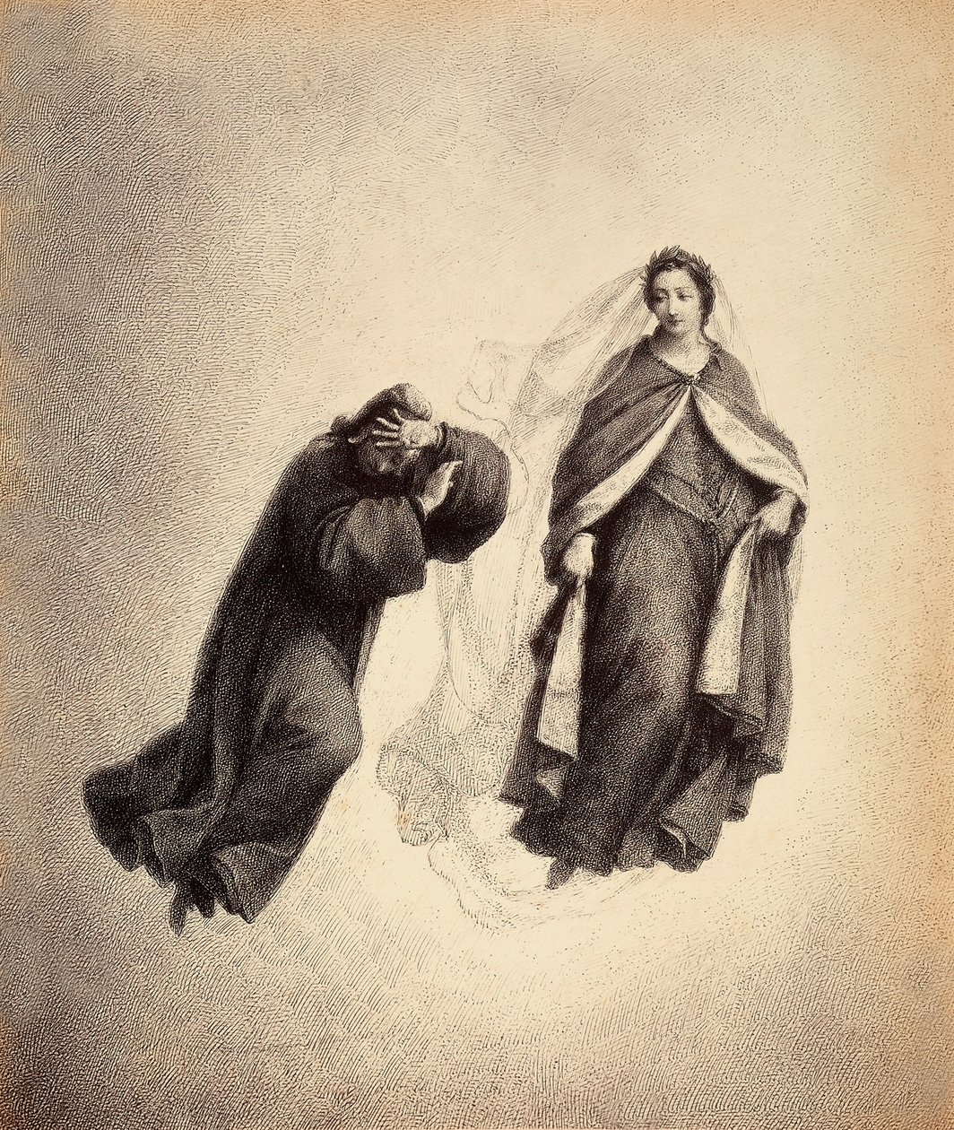 Dante zakrywa twarz dłońmi, przytłoczony spojrzeniem Beatrycze, tak pełnym boskiej miłości. Ilustracja do Canto IV Paradiso z Boskiej komedii Dantego Alighieri. Dzieło Franceso Scaramuzzy dedykowane władzom miejskim Florencji. autorstwa Unbekannter Künstler