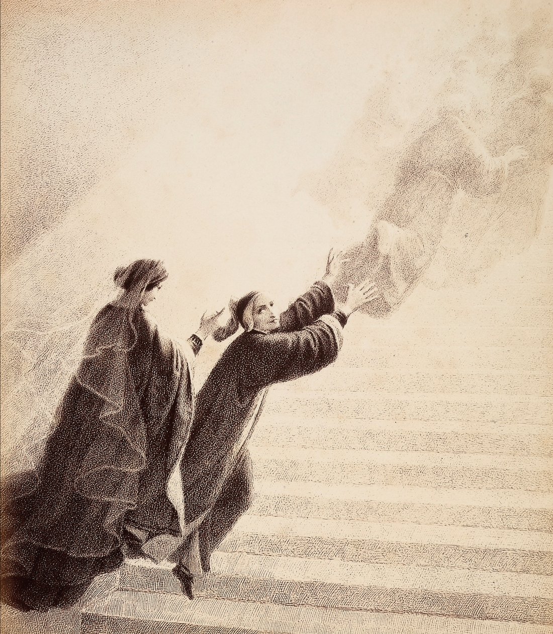 Dante, zachęcony prostym znakiem od Beatrycze, wchodzi po złotej drabinie za błogosławionymi duchami. Ilustracja do Canto XVII w Paradiso z Boskiej komedii Dantego Alighieri. Dzieło Francesco Scaramuzzy dedykowane władzom miejskim Florencji. autorstwa Unbekannter Künstler