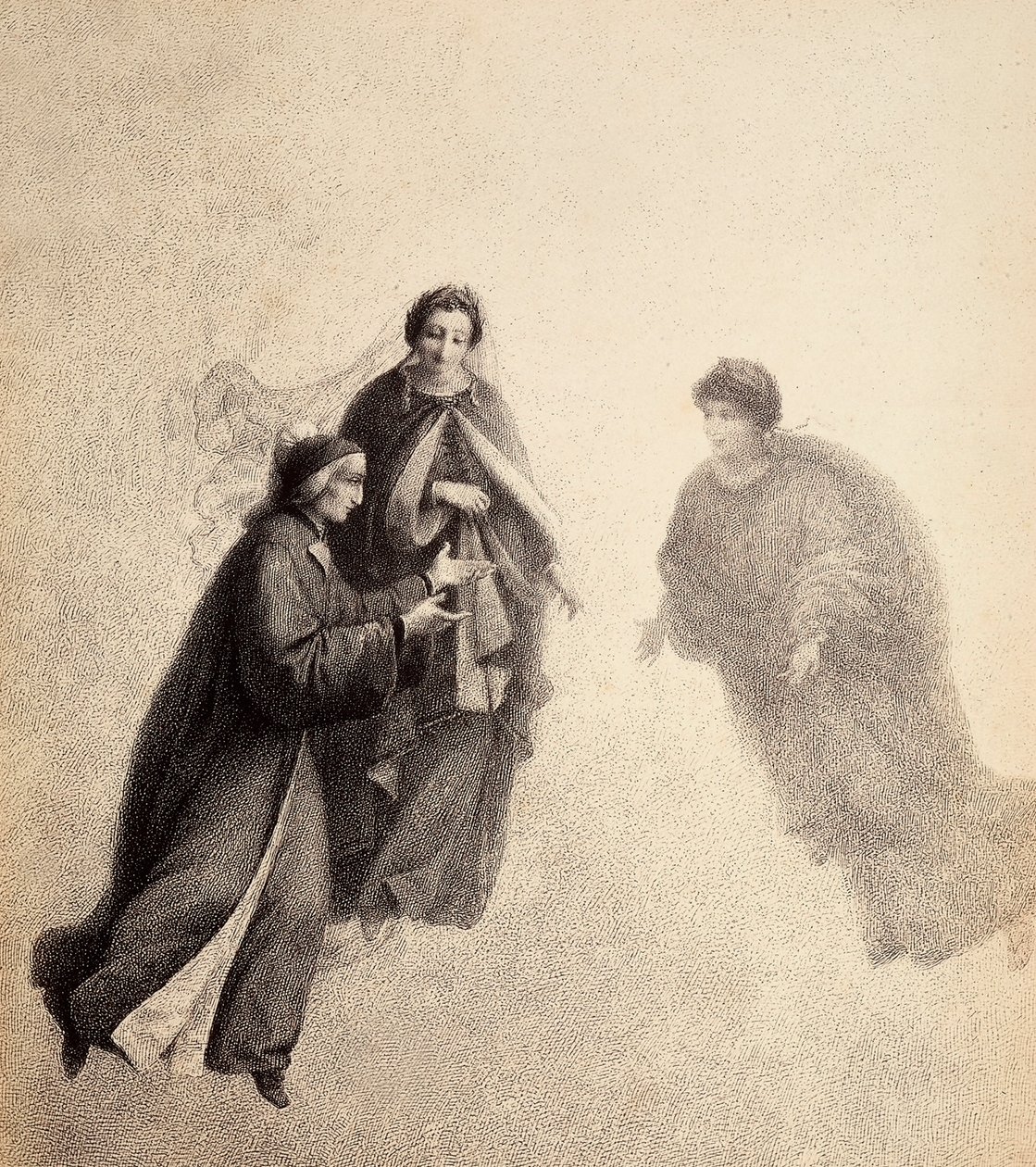 Dante, ponaglany przez Beatrycze, przemawia w pobożnym duchu. Ilustracja do Canto V Paradiso z Boskiej komedii Dantego Alighieri. Dzieło Franceso Scaramuzzy dedykowane władzom miejskim Florencji. autorstwa Unbekannter Künstler