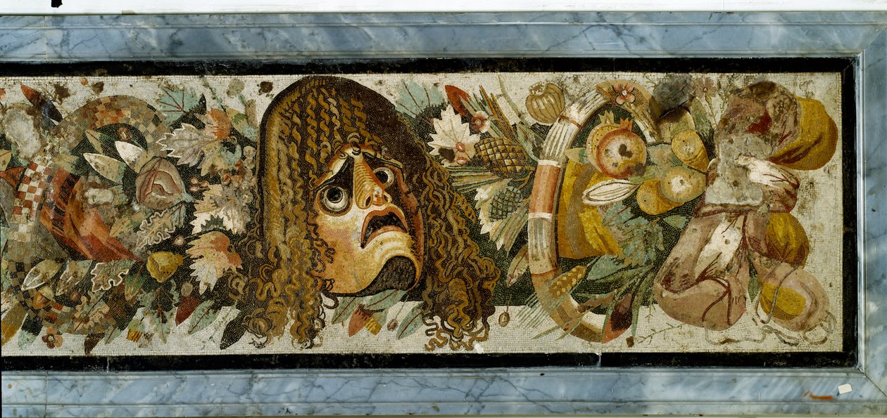 Panel dekoracyjny przedstawiający girlandę masek, liści i owoców z Domu Fauna, Pompeje, II wpne (mozaika) autorstwa Unbekannt