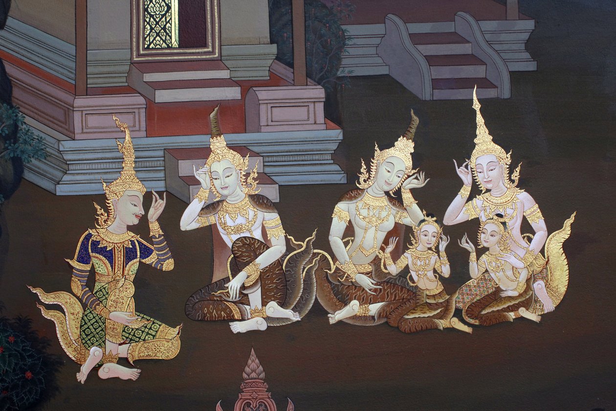 Fragment malowidła ściennego w Uposatha (sala świątynna) świątyni Buddhapadipa, Wimbledon, Wielka Brytania autorstwa Unbekannt