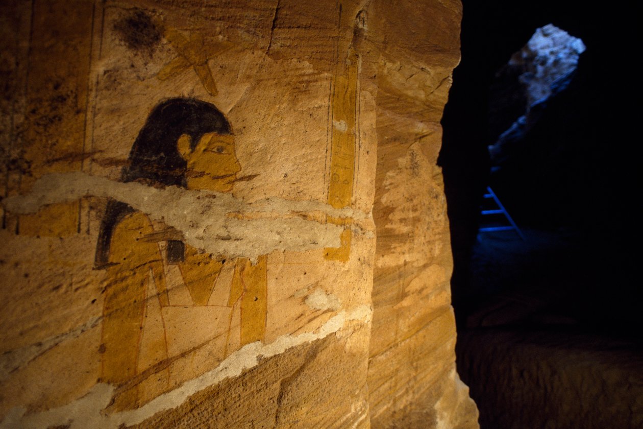 Fragment malowideł ściennych znalezionych podczas wykopalisk w grobowcu gubernatora, Dolina Złotych Mumii, oaza Bahariya, Giza, Egipt autorstwa Benjamin Baud