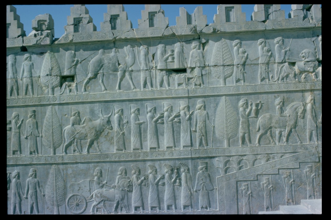 Fragment płaskorzeźbionego fryzu na wschodnich schodach prowadzących do Apadany (sali audiencyjnej) przedstawiający delegatów z podległych ziem imperium niosących hojne prezenty na ceremonię, okres achemeński, ok. 515 r. p.n.e. (wapień) (szczegóły patrz 11 autorstwa Unbekannt