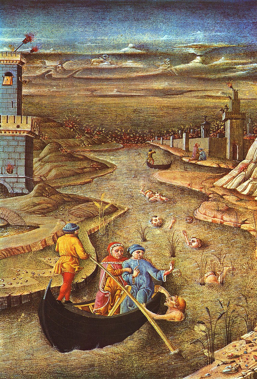 Boska Komedia: Dante i Wergiliusz, niesieni przez Charrona, spotykają przeklętego Filippo Argenti (miniatura) autorstwa Unbekannter Künstler