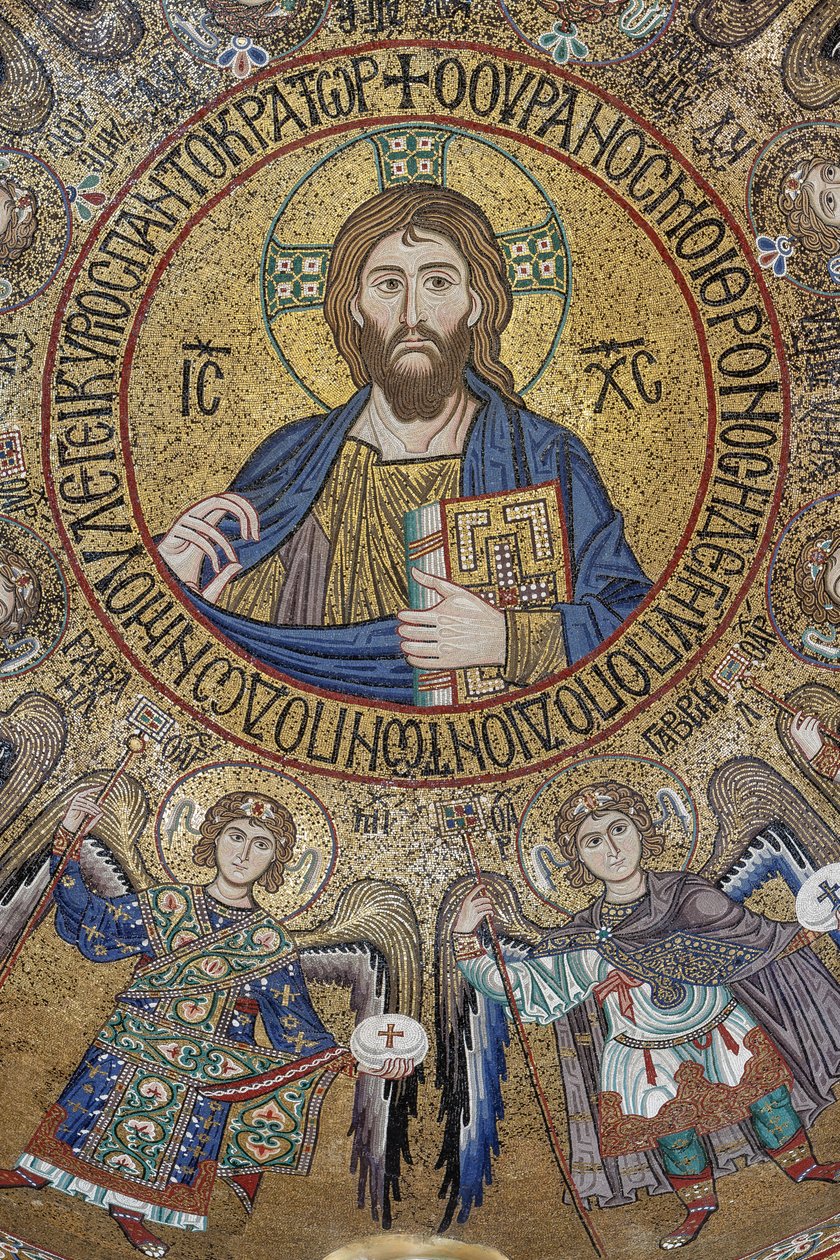 Kopuła transeptu: mozaika „Błogosławiony Chrystus Pantokrator między aniołami i archaniołami”, XII w., Kaplica Palatyńska, Pałac Królewski lub Palazzo dei Normanni (Pałac Normanów), Palermo, Sycylia, Włochy (foto) autorstwa Unbekannter Künstler
