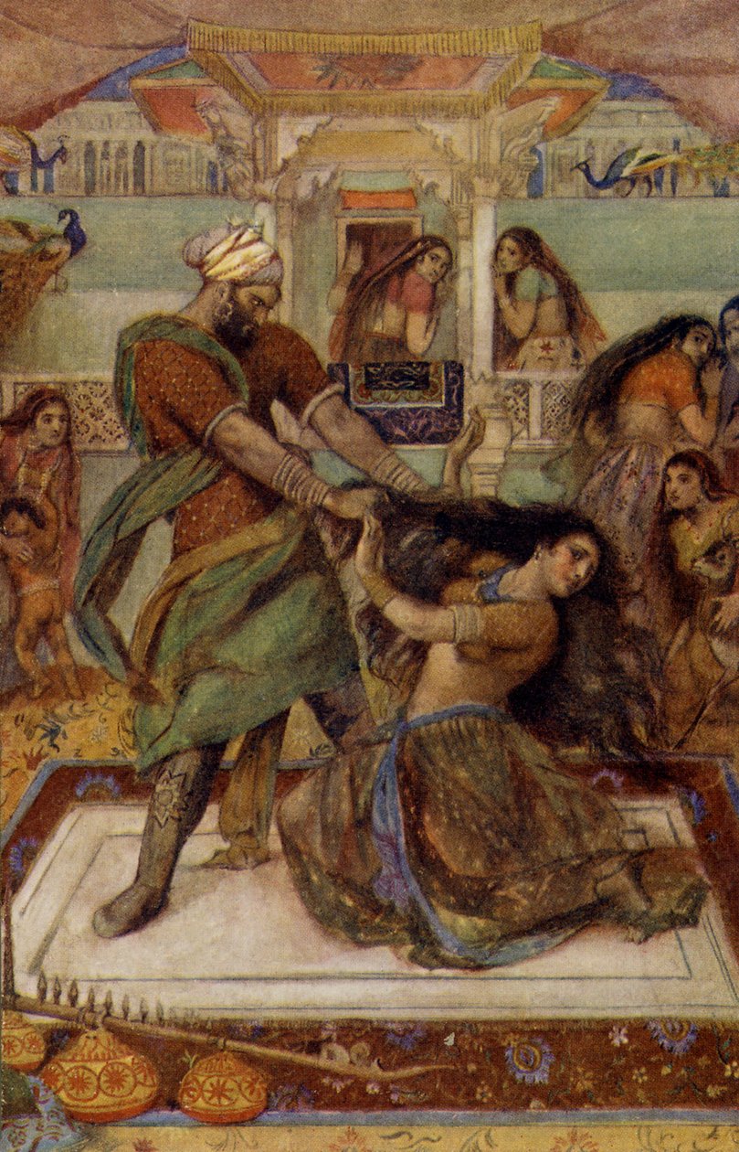 Draupadi wyciągnięta ze swej komnaty przez Duhsasanę autorstwa Unbekannter Künstler