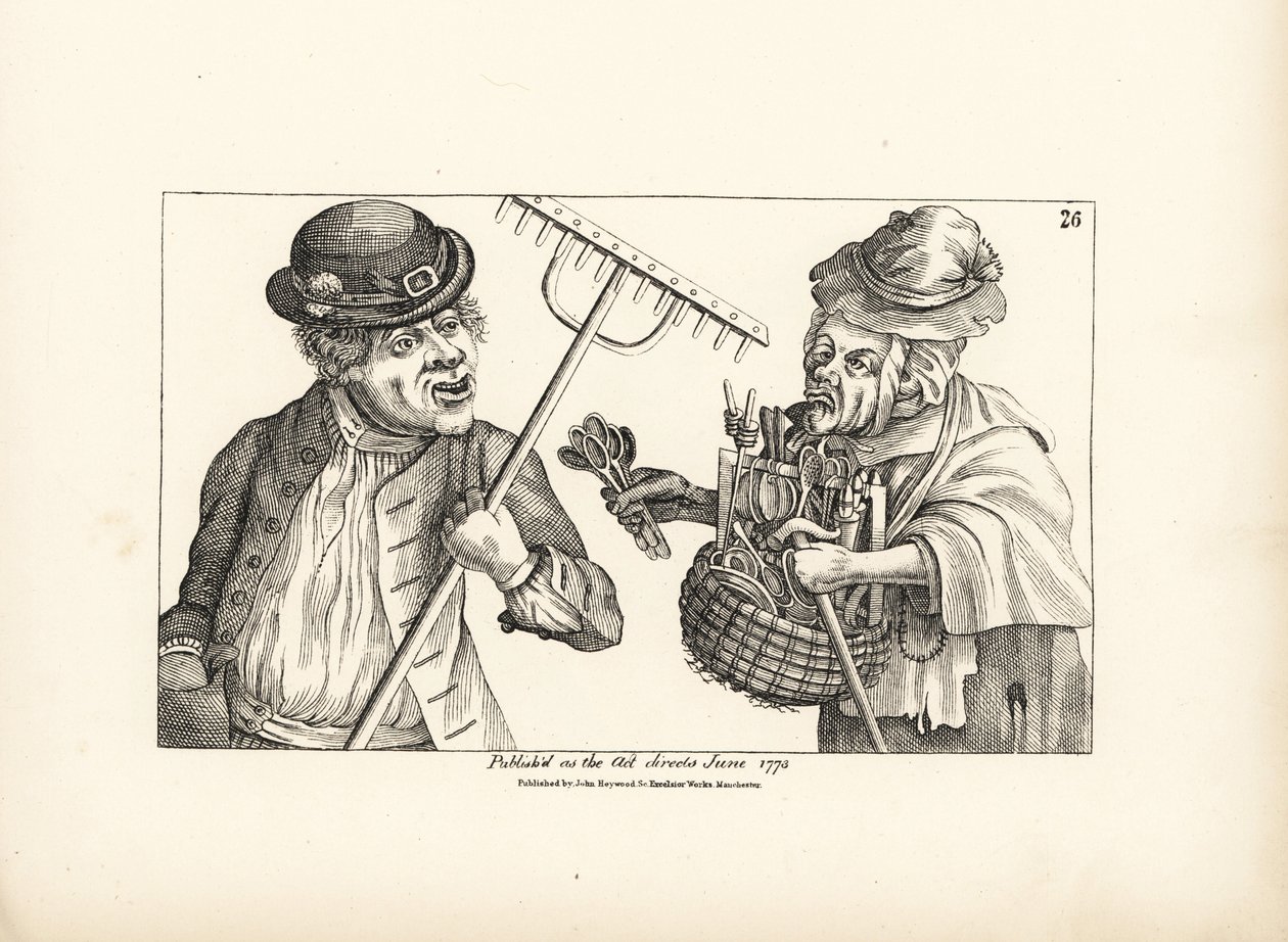 Pijany farmer Jones kupuje cały zapas drewnianych narzędzi od starej Nan o zezowatych oczach. Miedzioryt według satyrycznej ilustracji Timothy