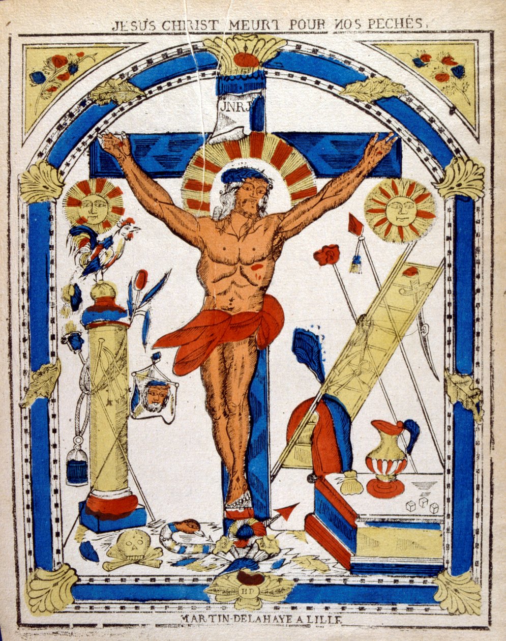 Holenderska XIX-wieczna ilustracja przedstawiająca ukrzyżowanego Chrystusa. Drzeworyt ok. 1850 r. autorstwa Unbekannter Künstler