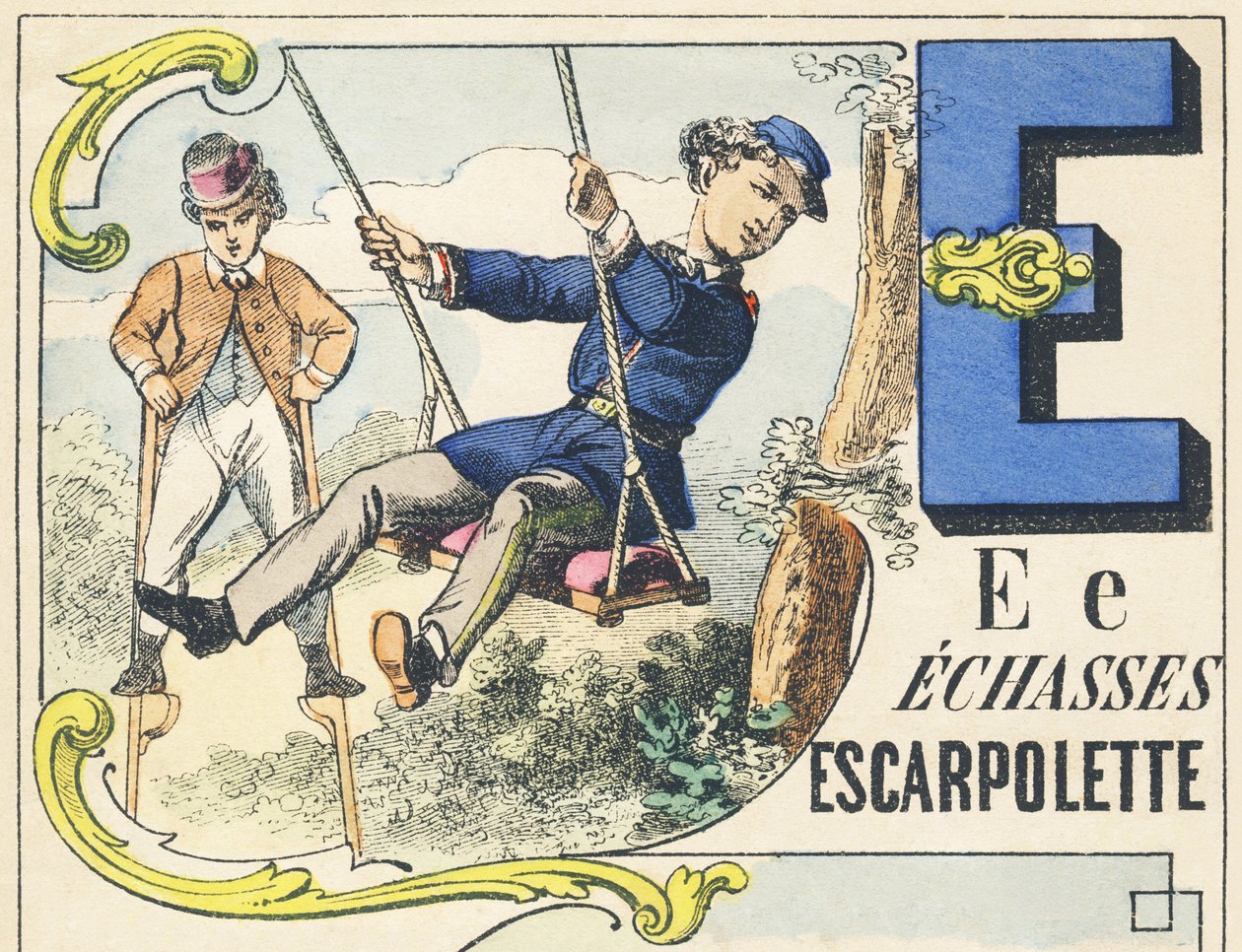 E : echasses, escarpolette - alfabet gier, c.1890 (ilustracja) autorstwa Unbekannt