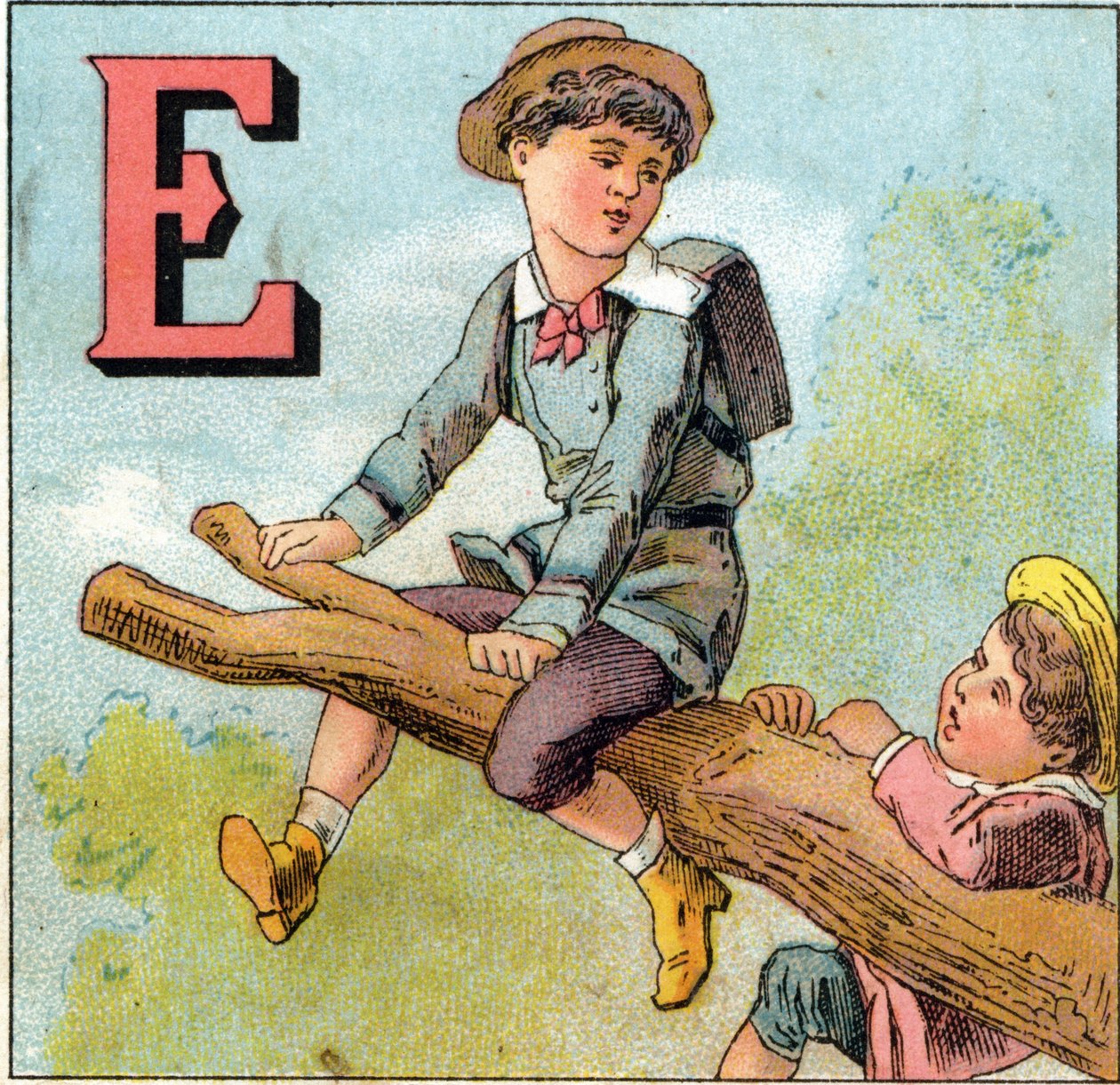 Litery E: chłopiec w równowadze na gałęzi drzewa. Grawer w „Alphabet des petits ecoliers”. Obraz Epinal, ok. 1885. Kolekcja Privee autorstwa Unbekannt