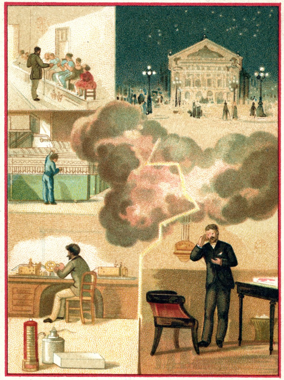 Elektryczność: od elektrowni do oświetlenia miejskiego, ok. 1900-1910 (chromo) autorstwa Unbekannter Künstler