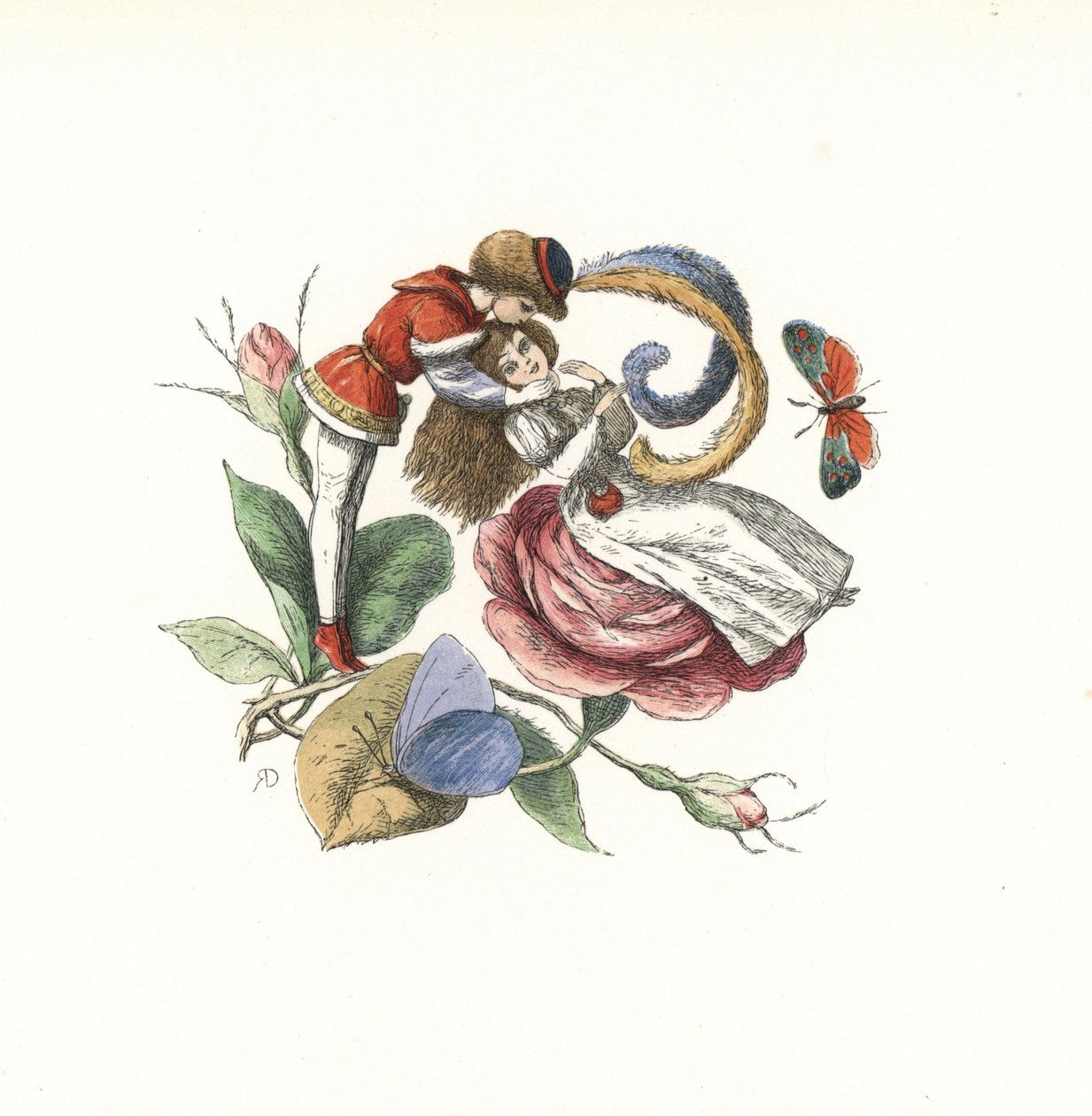 Elf flirtujący z wróżką na kwiecie róży. Ręcznie kolorowany drzeworyt autorstwa Edmunda Evansa na podstawie ilustracji Richarda Doyle