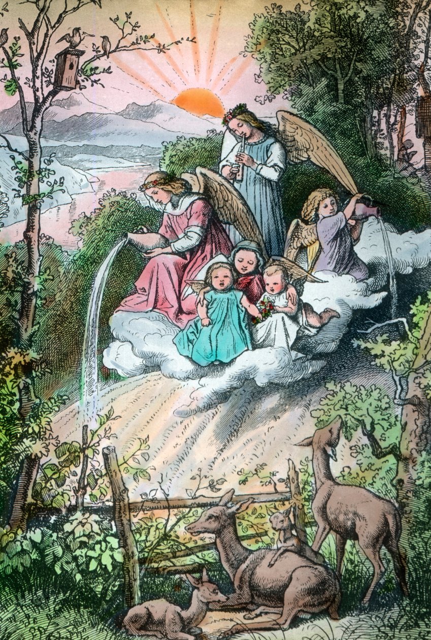 Rycina przedstawiająca anioły oczyszczające poranną rosę, Niemcy, lata 20. XX wieku autorstwa Unbekannter Künstler
