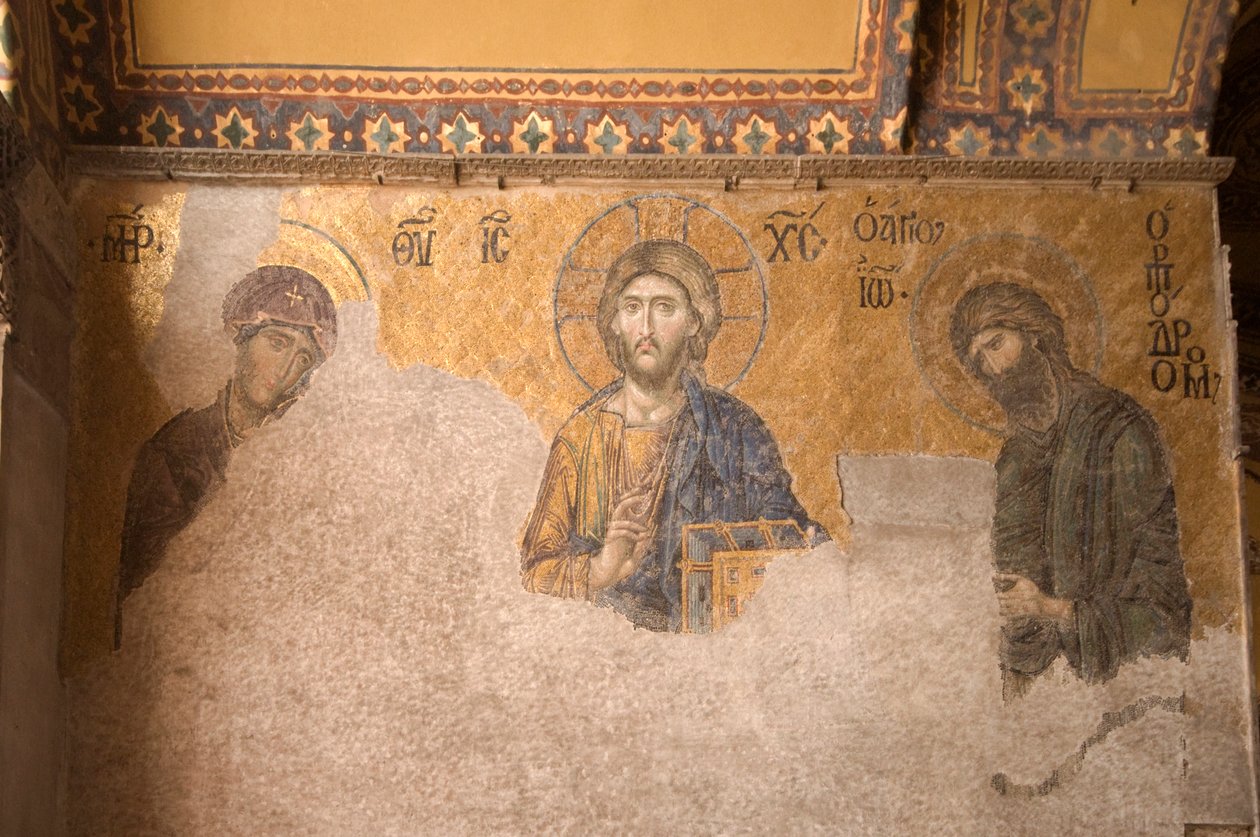 Europa-Azja, Turcja, Stambuł, Muzeum Aya Sofya (537 AD, dawniej meczet i kościół), mozaika przedstawiająca Chrystusa, Marię i Jana Chrzciciela autorstwa Unbekannt