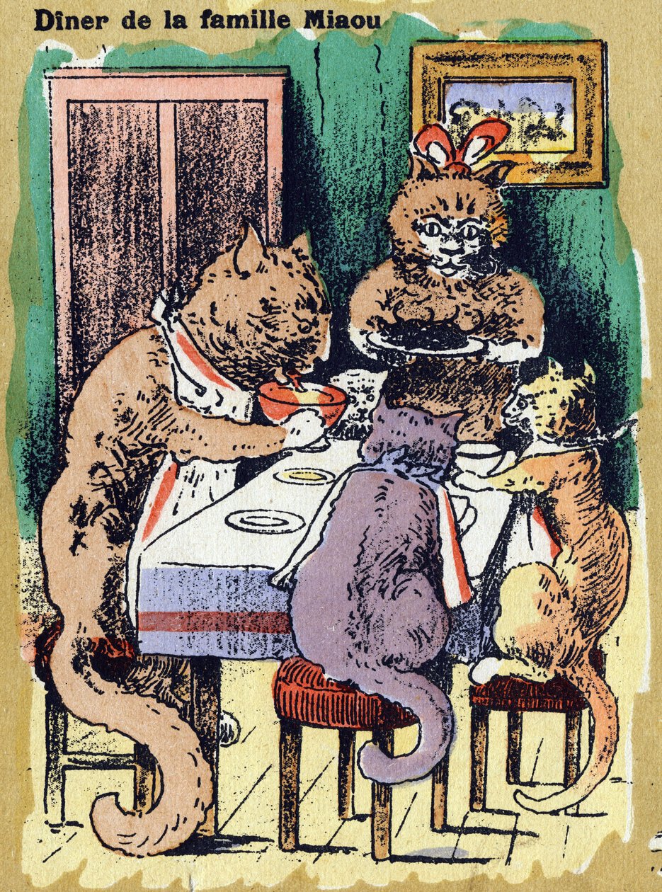 Rodzinny obiad miau. Ilustrowany alfabet. Obrazy ponownie zjednoczone w Jarville-Nancy na początku XX wieku. Wymiary: 40 x 29 cm. Litografia na bistrowym tle autorstwa Unbekannt