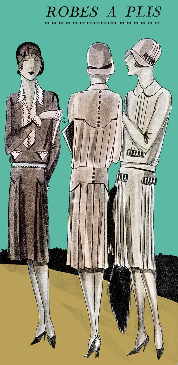 Moda: plisowane sukienki dzienne na wiosnę 1928 roku autorstwa Unbekannter Künstler