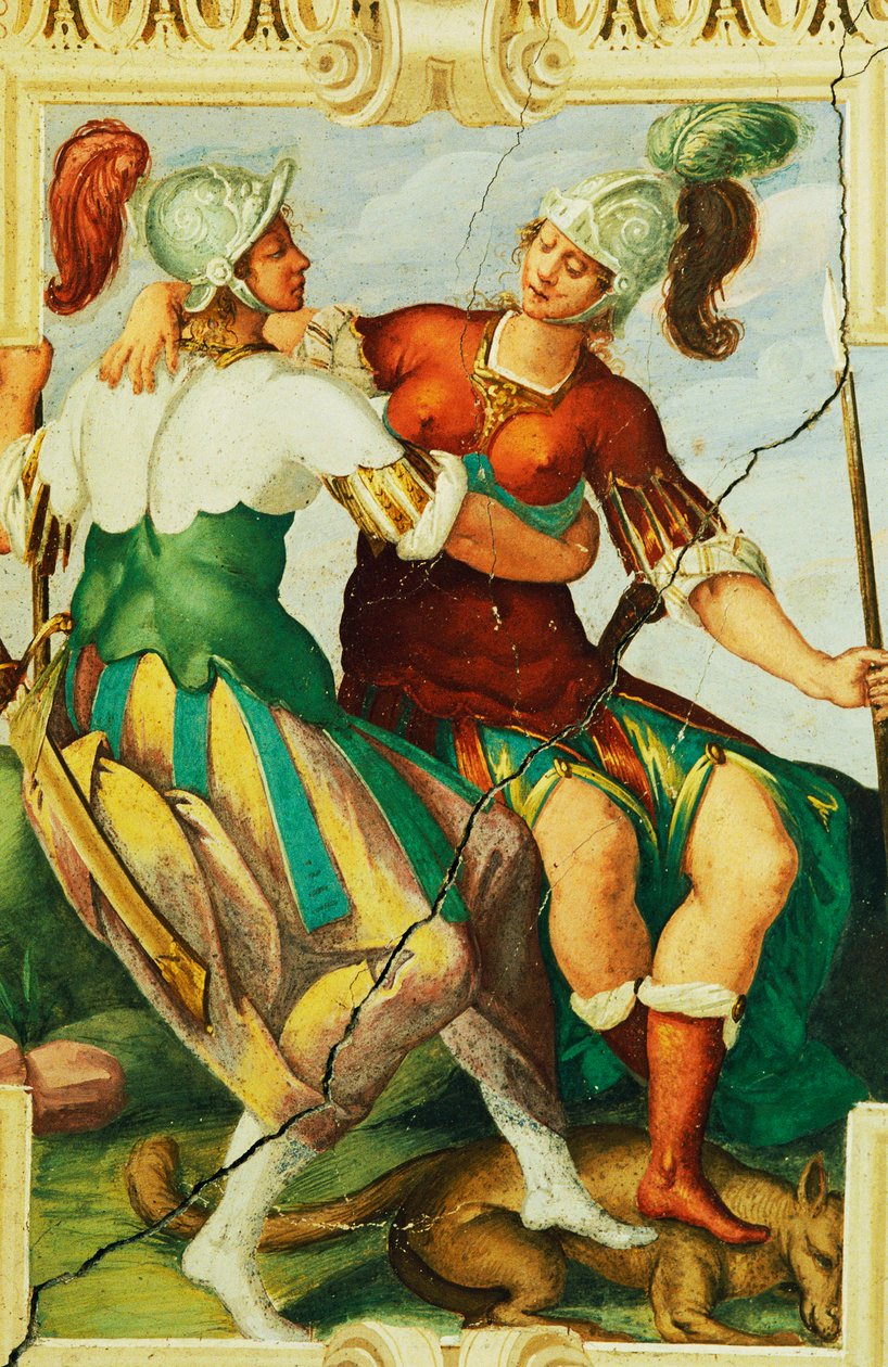 Postacie kobiece w hełmach, fragment fresku w zamku Manta (XV w.), Saluzzo, Piemont, Włochy autorstwa Benjamin Baud