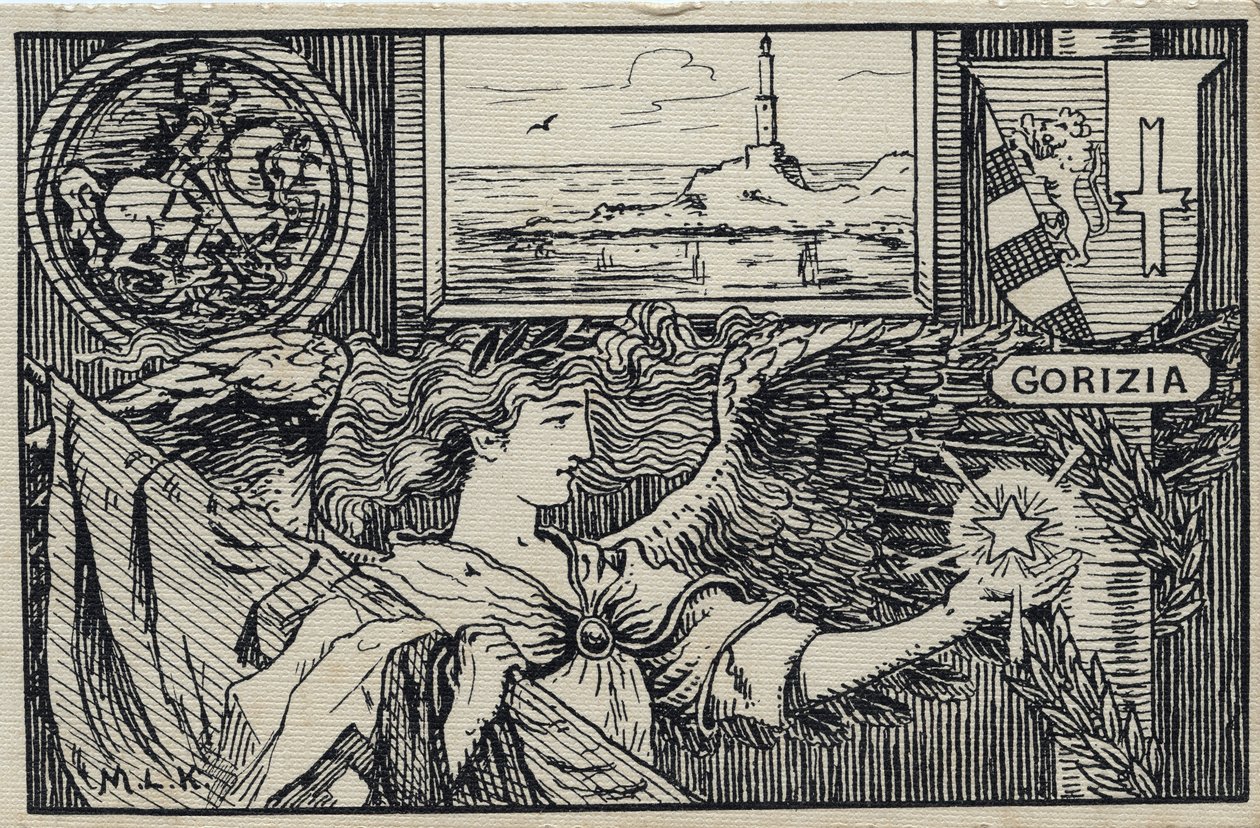 Pierwsza wojna światowa (1914-1918): włoska pocztówka patriotyczna z okazji przyłączenia Gorizii do Włoch autorstwa Unbekannter Künstler
