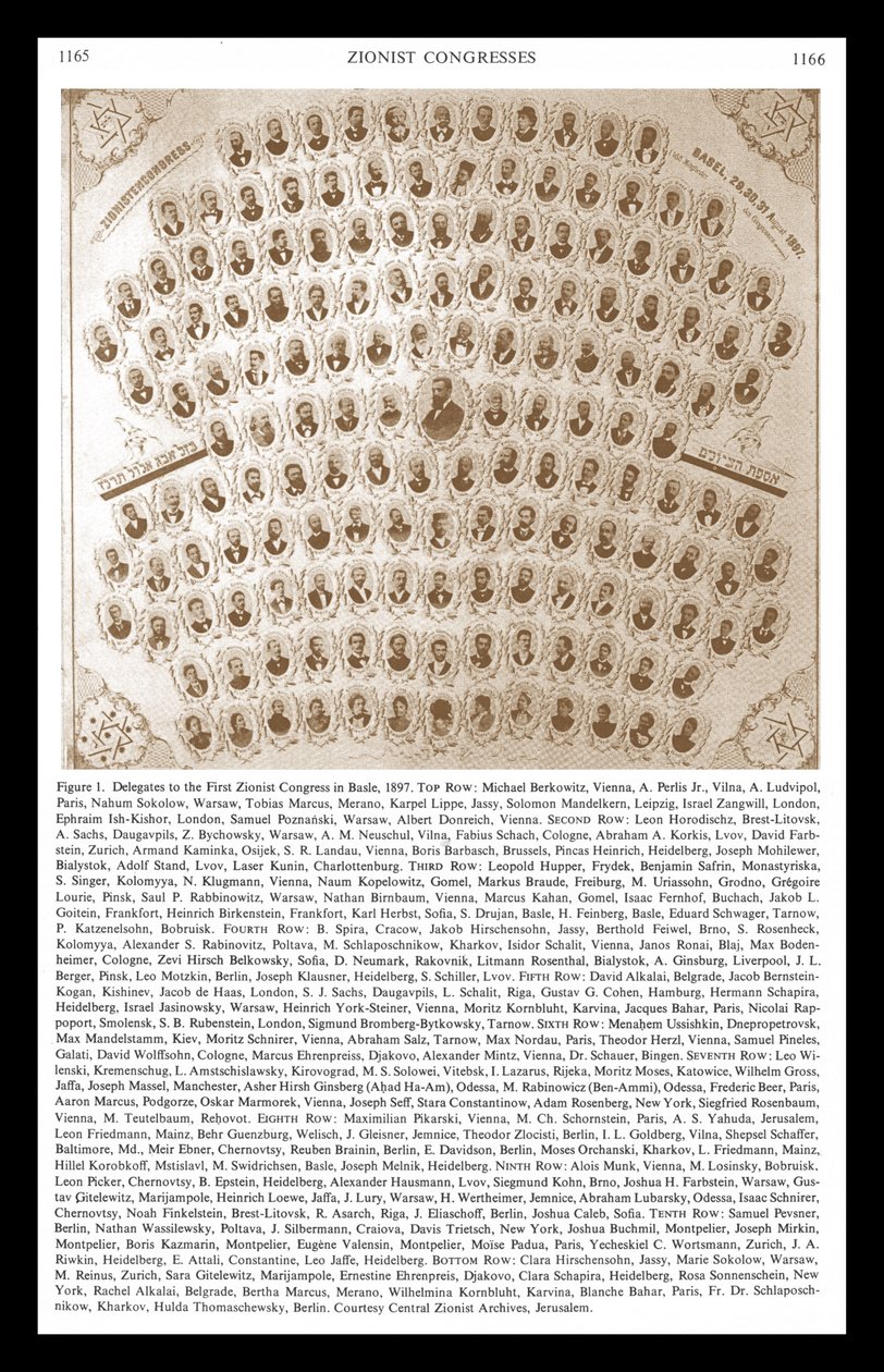 Pierwszy Kongres Syjonistyczny w Bazylei 1897. Theodor Herzl pojawia się w centrum montażu delegatów i przywódców autorstwa Unbekannter Künstler