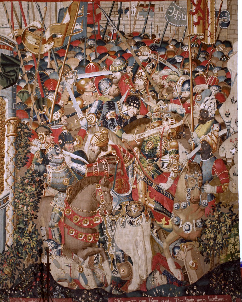 Flamandzki gobelin. Seria Wojna trojańska. Śmierć Achillesa (Muerte de Aquiles). Ósmy gobelin z serii. Mistrz modelu Coëtivy (Henry lub Conrard de Vulcop). Warsztaty produkcji Tournai. Ca 1470. Tkanina Wełna i jedwab, 6/7 osnów na cm. Rozmiar 482 x 942 cm autorstwa Unbekannt