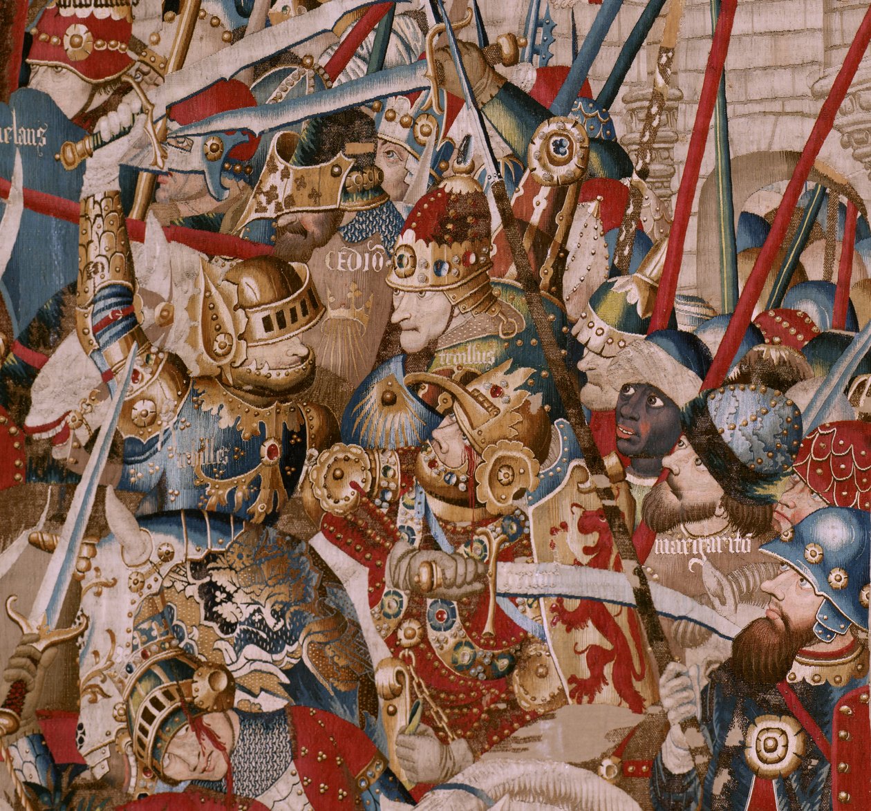 Flamandzki gobelin. Seria Wojna trojańska. Namiot Achillesa (La Tienda de Aquiles). Szósty gobelin w serii. Mistrz modelu Coëtivy (Henry lub Conrard de Vulcop). Warsztaty produkcji Tournai. Ca 1470. Tkanina Wełna i jedwab, 6/7 osnów na cm. Rozmiar 467 x 69 autorstwa Unbekannt