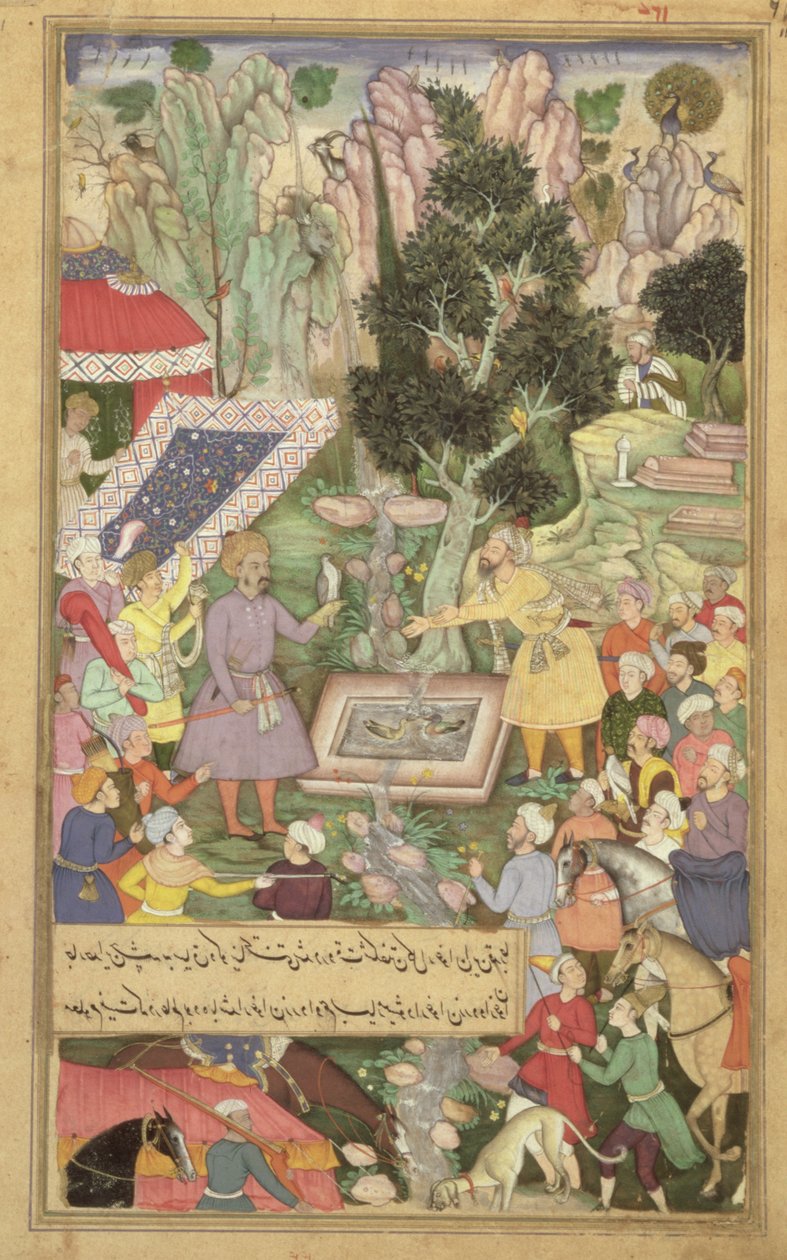 Folio 126 Babur at the Spring of Khawaja Sih Yaran, z "Baburnama" ("The Memoirs of Babur"), Mughal autorstwa Unbekannter Künstler