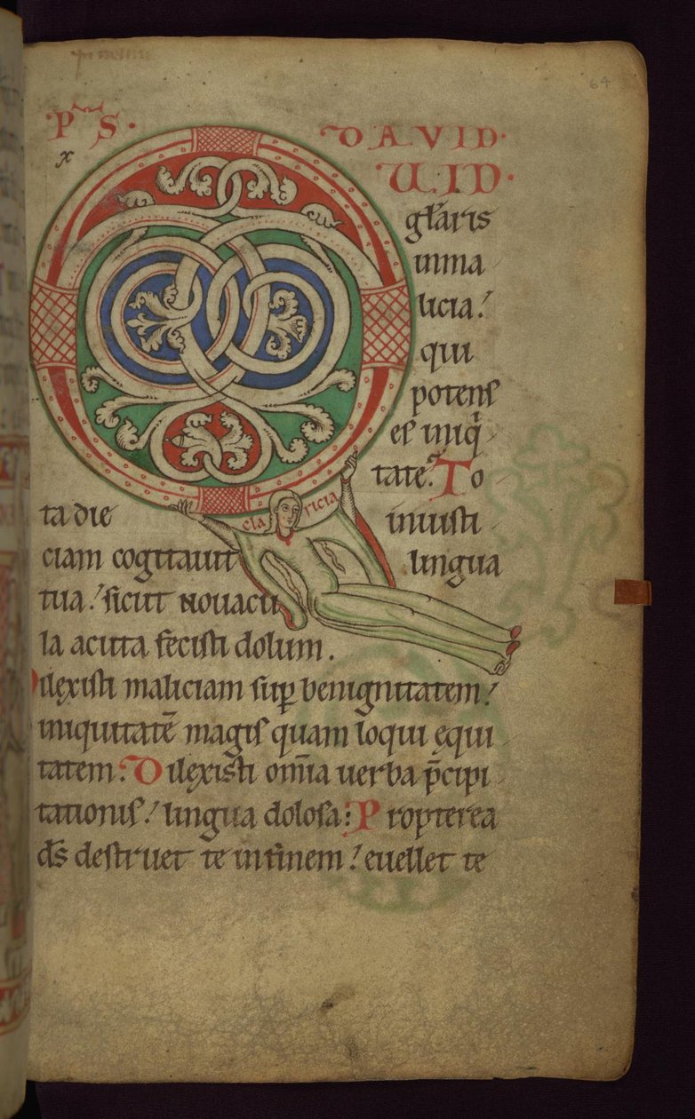 Folio 64 z psałterza Claricia: Claricia kołysząca się na inicjale Q, koniec XII - początek XIII wieku autorstwa Unbekannt