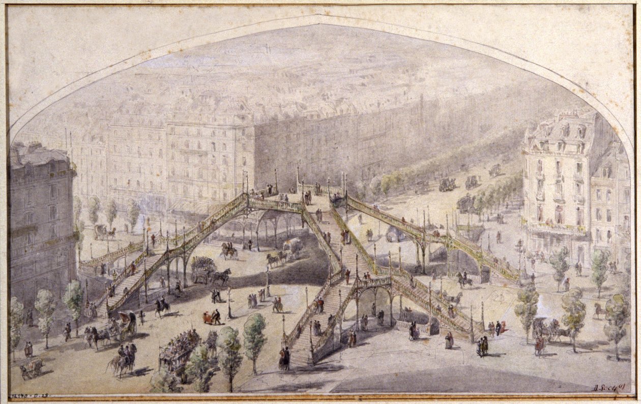 Kładka dla pieszych w Paryżu, ok. 1880 r. (rysunek) autorstwa Unbekannter Künstler