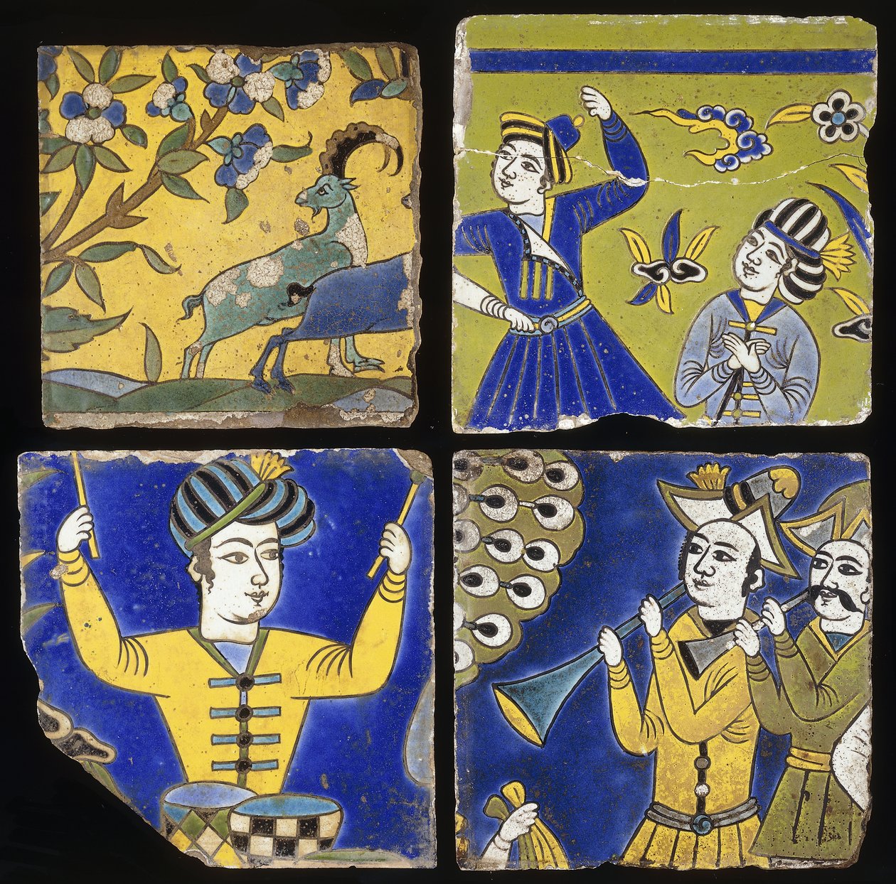 Cztery kafelki Safavid cuerda seca, przedstawiające dwa koziorożce oraz postacie muzyków i tancerzy, ok. 1900 r. 1600 autorstwa Unbekannt