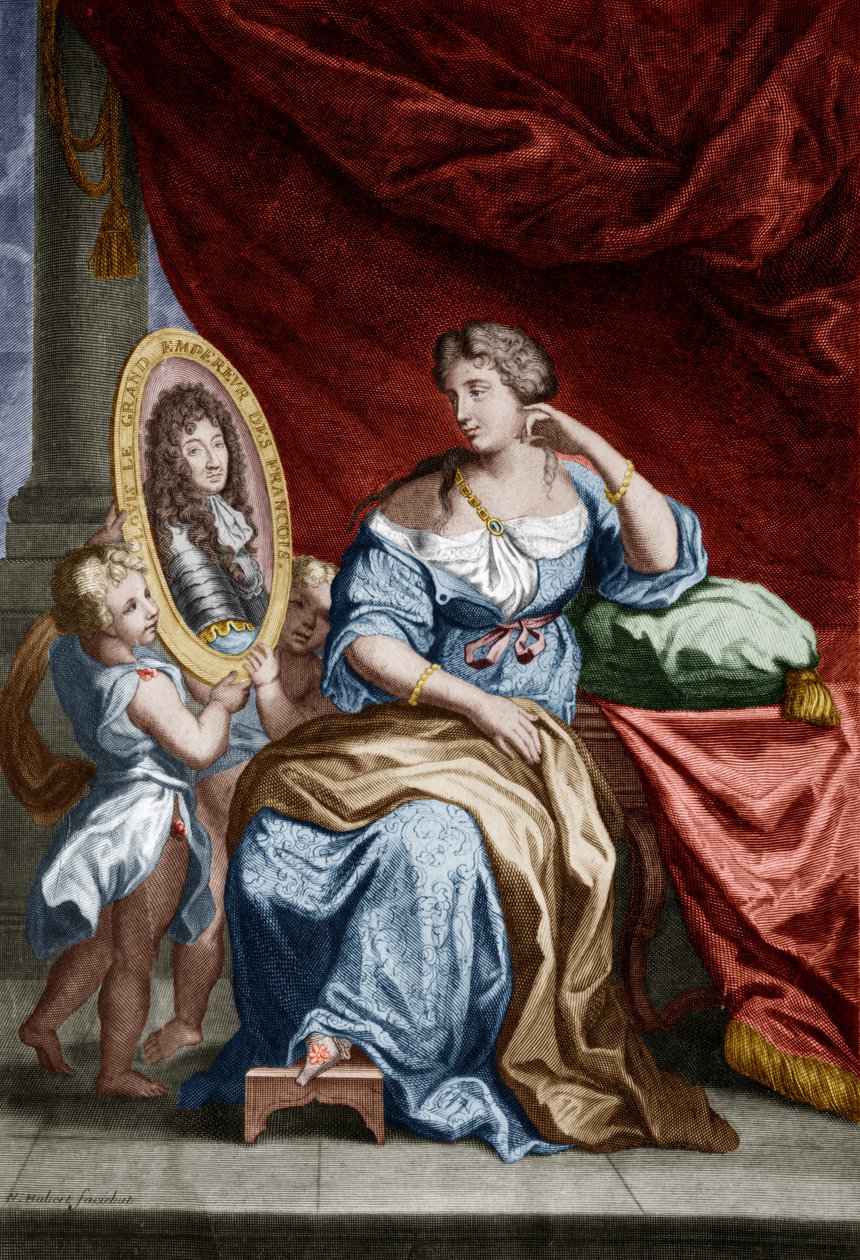 Francoise de Rochechouart de Mortemart markiza Montespan (1641-1707), wspomniana Athenais, kochanka francuskiego króla Ludwika XIV, rycina kolorowanego dokumentu autorstwa Unbekannter Künstler