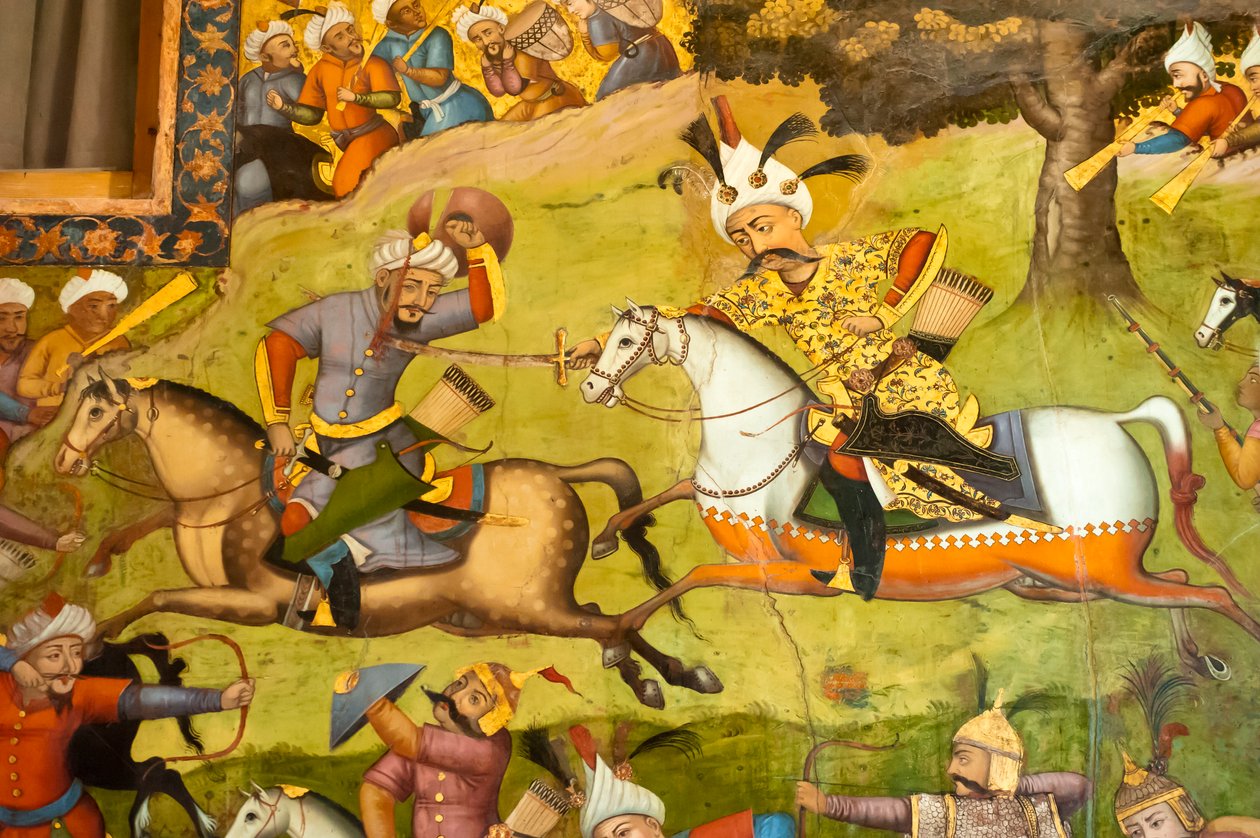 Fresk; Shah Ismail na białym koniu w bitwie pod Taher Abad; 1510; przeciwko Uzbekom w Merwie; Chehel Sotoun; Pałac Czterdziestu Filarów; Isfahan; Iran; Azja autorstwa Unbekannt