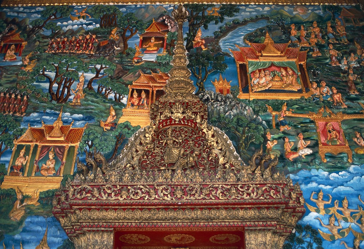 Fresk i detal architektoniczny, Wat That, wielka święta stupa przebudowana w XX-wiecznym Luang Prabang (lista światowego dziedzictwa UNESCO autorstwa William M. Timlin