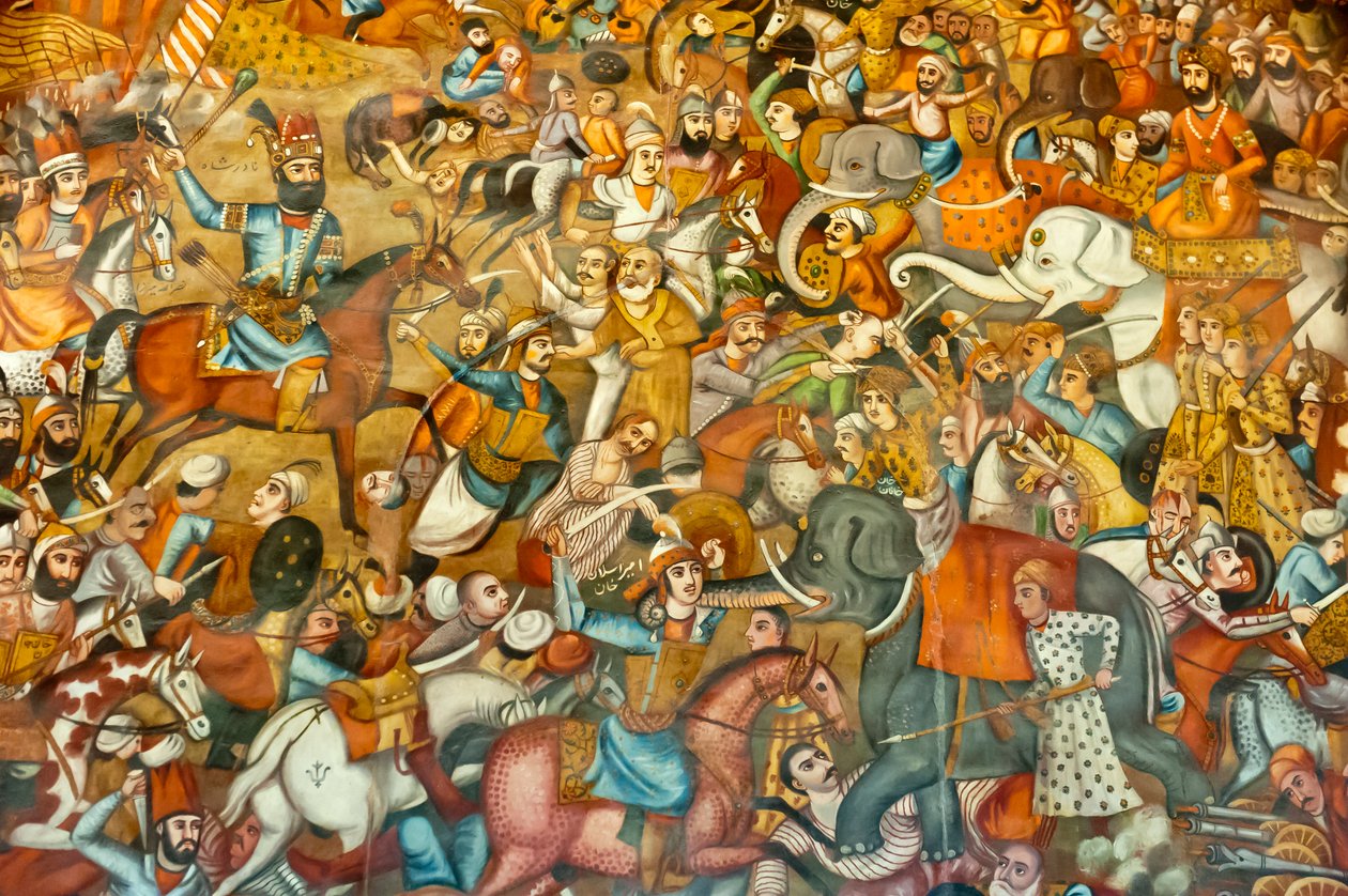 Fresk; bitwa; bitwa pod Nadir Shah w bitwie pod Karnal; 1739; na koniu; przeciwko sułtanowi Mohammedowi Shah Gurkani na białym słoniu; Chehel Sotoun; Pałac Czterdziestu Filarów; Isfahan; Iran; Azja autorstwa Unbekannt