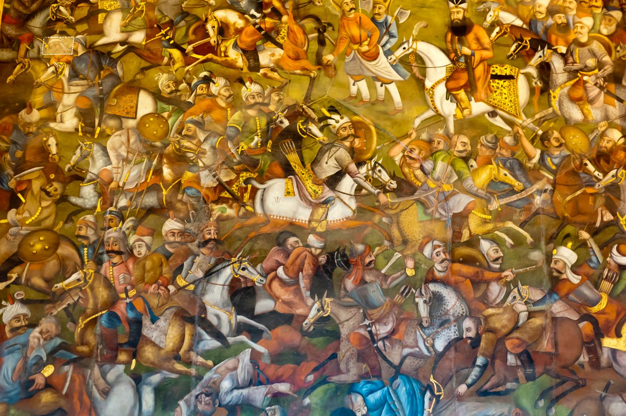 Fresk; bitwa pod chaldiranem lub chaldiranem z sułtanem osmańskim Selimem I.; 1514; Chehel Sotoun; Pałac Czterdziestu Filarów; Isfahan; Iran; Azja autorstwa Unbekannt