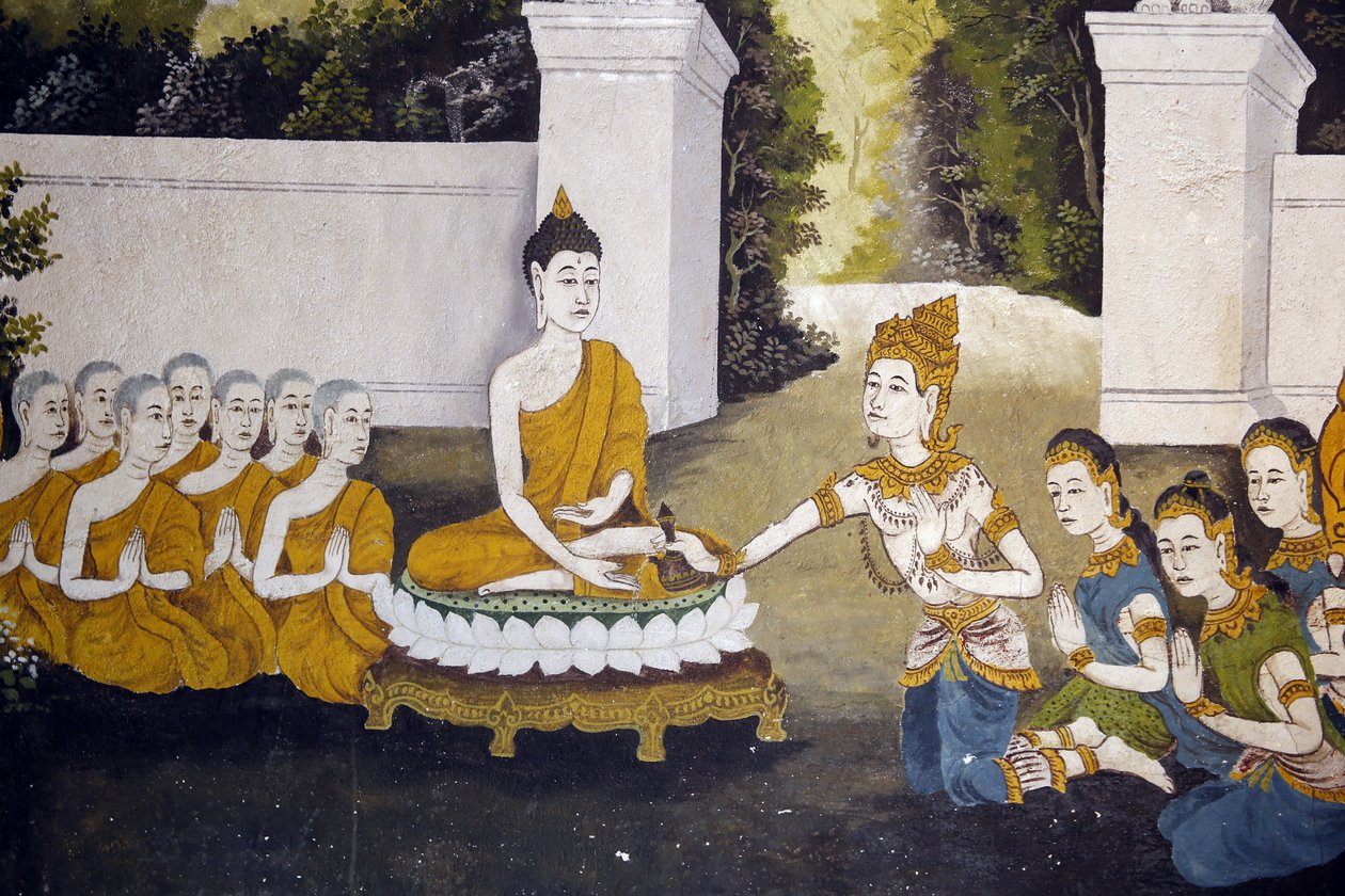 Fresk przedstawiający scenę z życia Buddy w Wat Phra Doi Suthep w Chiang Mai. Budda otrzymujący jałmużnę. Tajlandia autorstwa Unbekannt