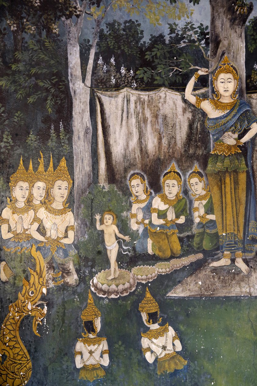 Fresk przedstawiający scenę z życia Buddy w Wat Phra Doi Suthep w Chiang Mai. Tajlandia. Budda jako dziecko. autorstwa Unbekannt